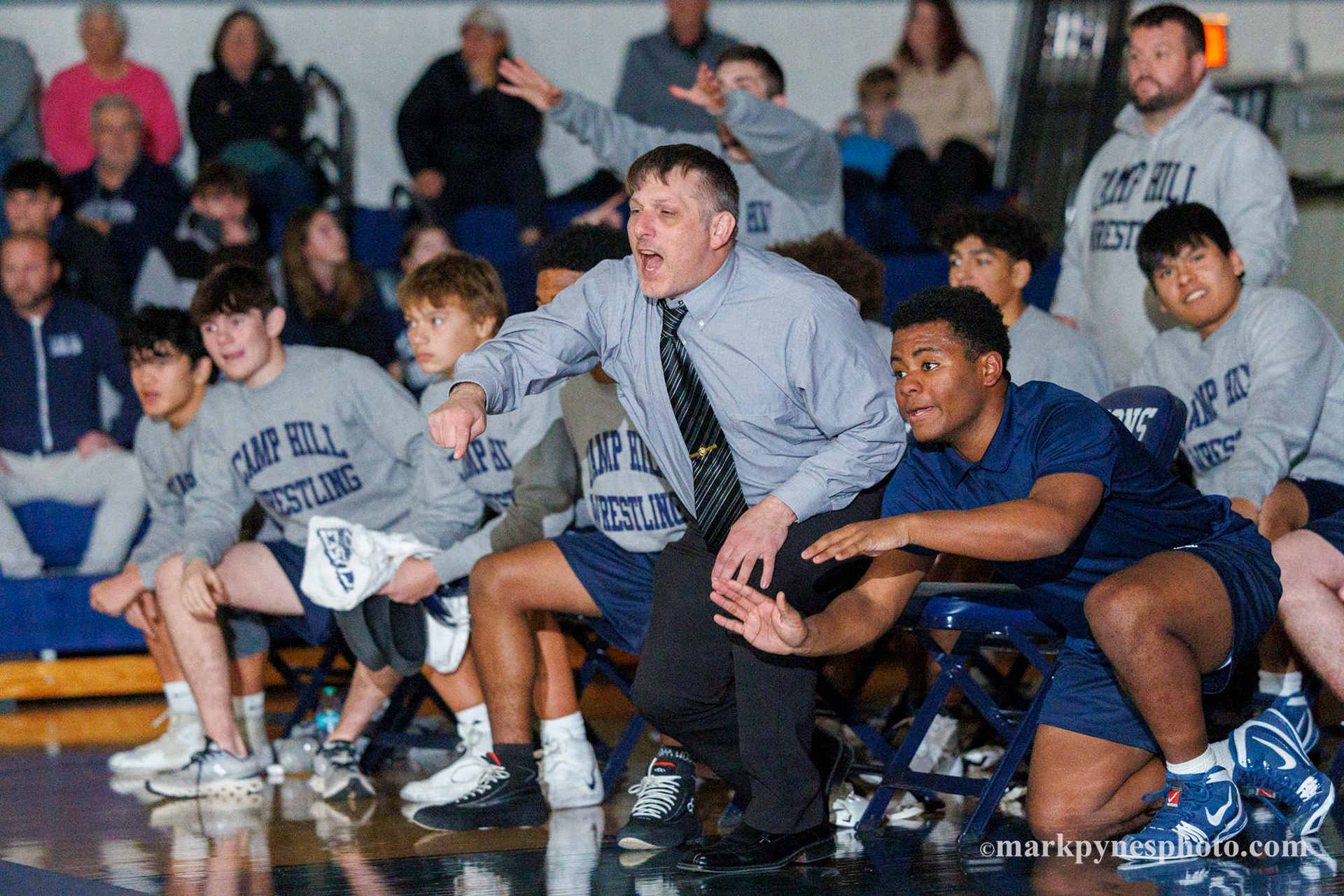 The Camp Hill bench cheers on Boris Alegre in the 285 pound match but Newport wins, 52-17, in Camp Hill, Pa., Dec. 5, 2025.