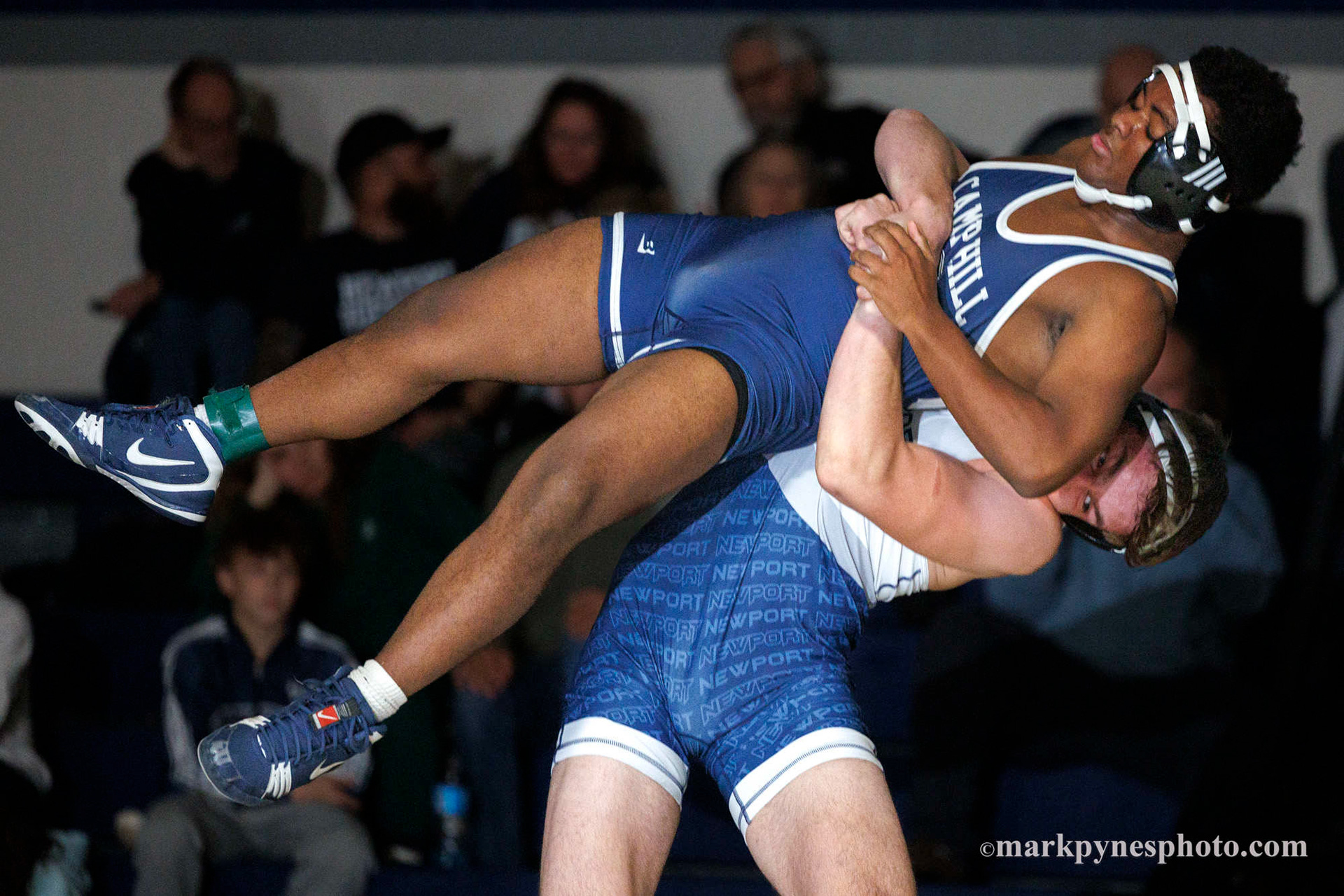 Newport’s Justin Still lifts Jerry Smart, Camp Hill, in their 189 pound match, won in a fall by Still, as Newport defeats Camp Hill boys, 52-17, in Camp Hill, Pa., Dec. 5, 2025.