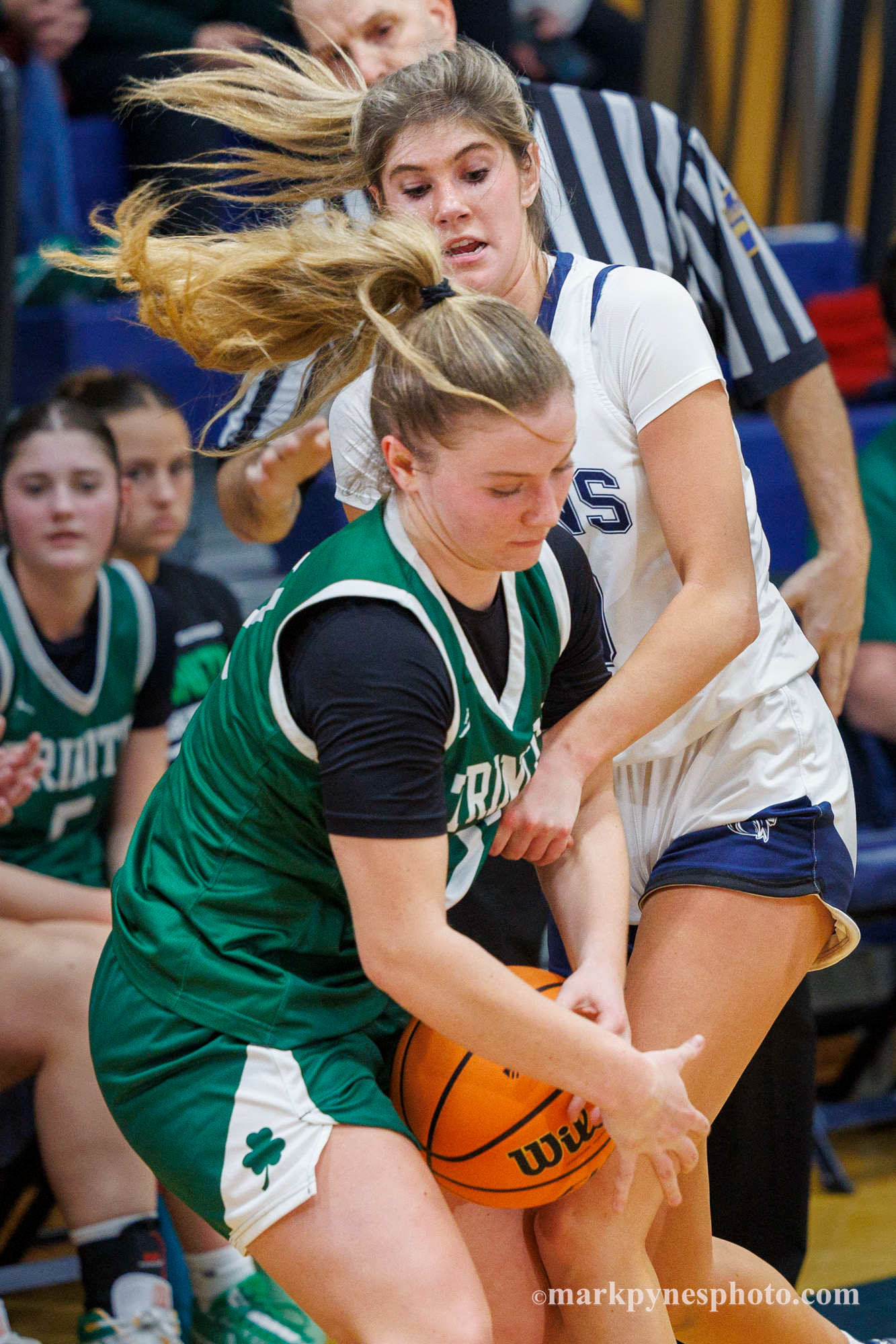 Trinity’s Bella Jones steals the ball from Camp Hill’s Elle Stover and Trinity wins, 61-16, in Camp Hill, Pa., Dec. 9, 2025.