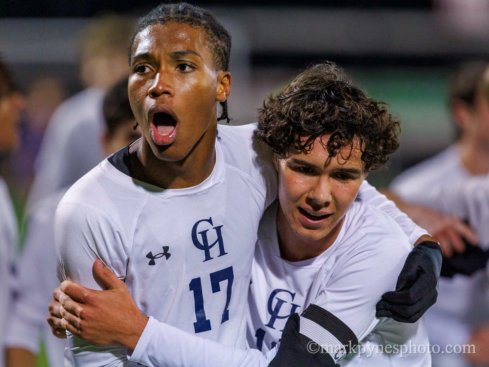 Richard Ozoilo and Sam Stahl celebrate as Camp Hill defeats Lancaster County Christian, 2-1, with a last minute goal, in the District III, Class A semifinal round at Lancaster, Pa., Oct. 25, 2025.