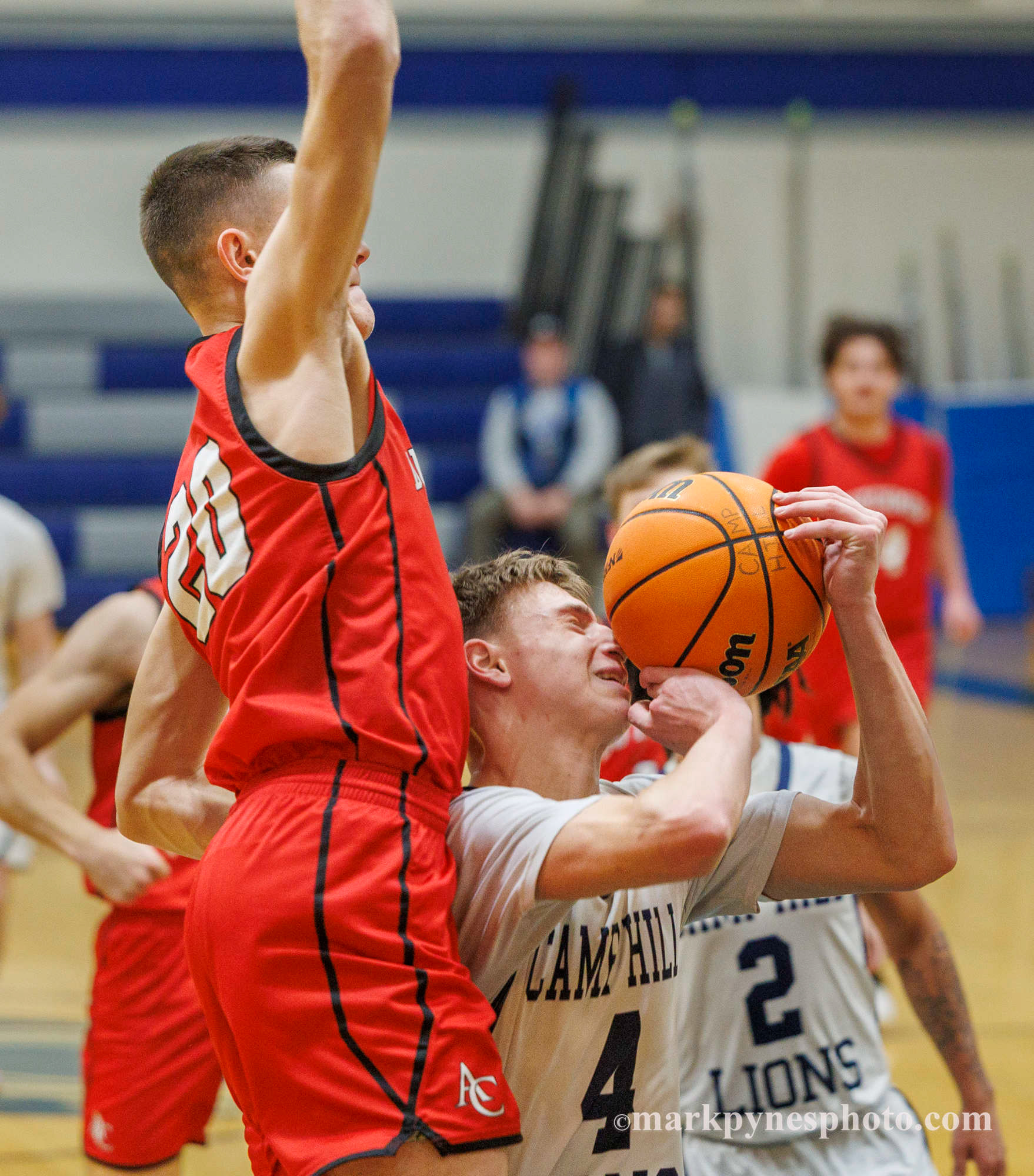Annville-Cleona’s Danny Shay hard fouls Camp Hill’s Owen Grove but Camp Hill defeats Annville-Cleona, 58-48.