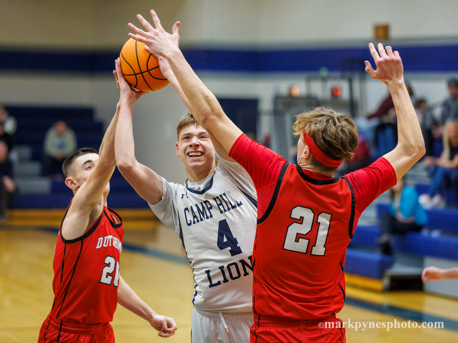 Camp Hill’s Owen Grove splits Annville-Cleona defenders Danny Shay and James Garney, for two of his 25 points as the Lions defeat Annville-Cleona, 58-48, at Camp Hill, Pa., Jan. 19, 2026.