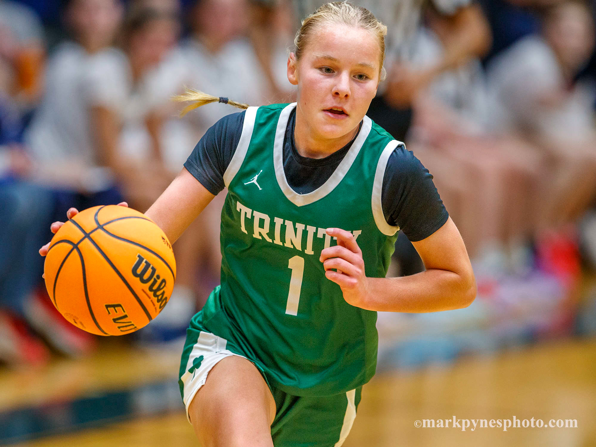 Charlotte Fry, drives up court in a game won by Trinity, 61-16, in Camp Hill, Pa., Dec. 9, 2025.