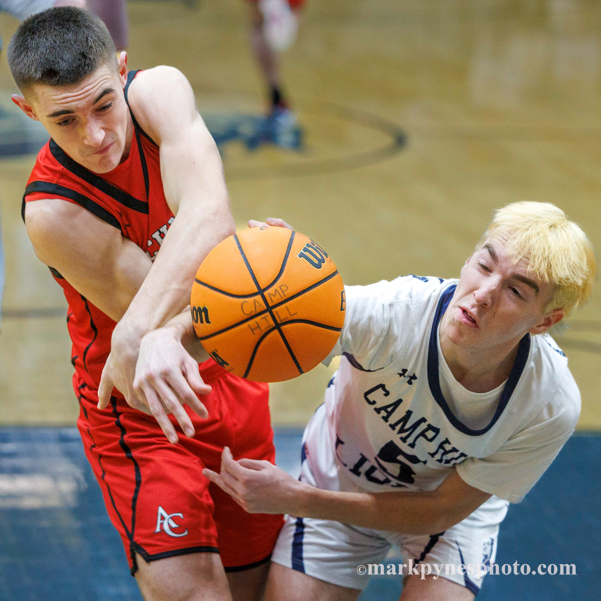 Annville-Cleona’s Danny Shay and Camp Hill’s Jack Stewart fight for the ball.