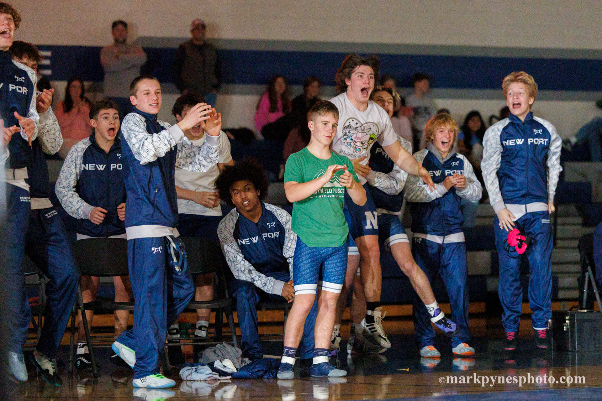 The Newport bench erupts after 285 pound teammate Keaton Paul pins Camp Hill’s Boris Alegre and they defeat the Camp Hill boys, 52-17, in Camp Hill, Pa., Dec. 5, 2025.