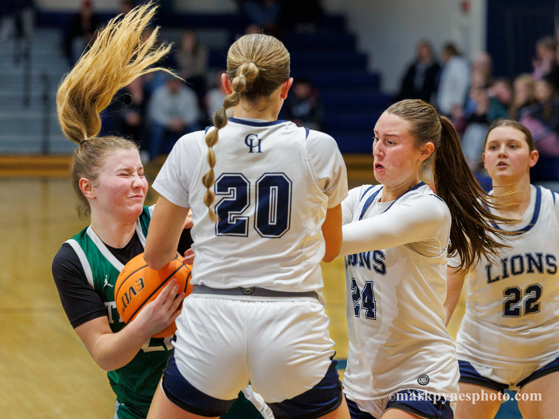 Trinity’s Bella Jones fights Lindsay Johnson, Josie Sarff and Josie Shartle for a rebound as Trinity wins, 61-16, in Camp Hill, Pa., Dec. 9, 2025.
