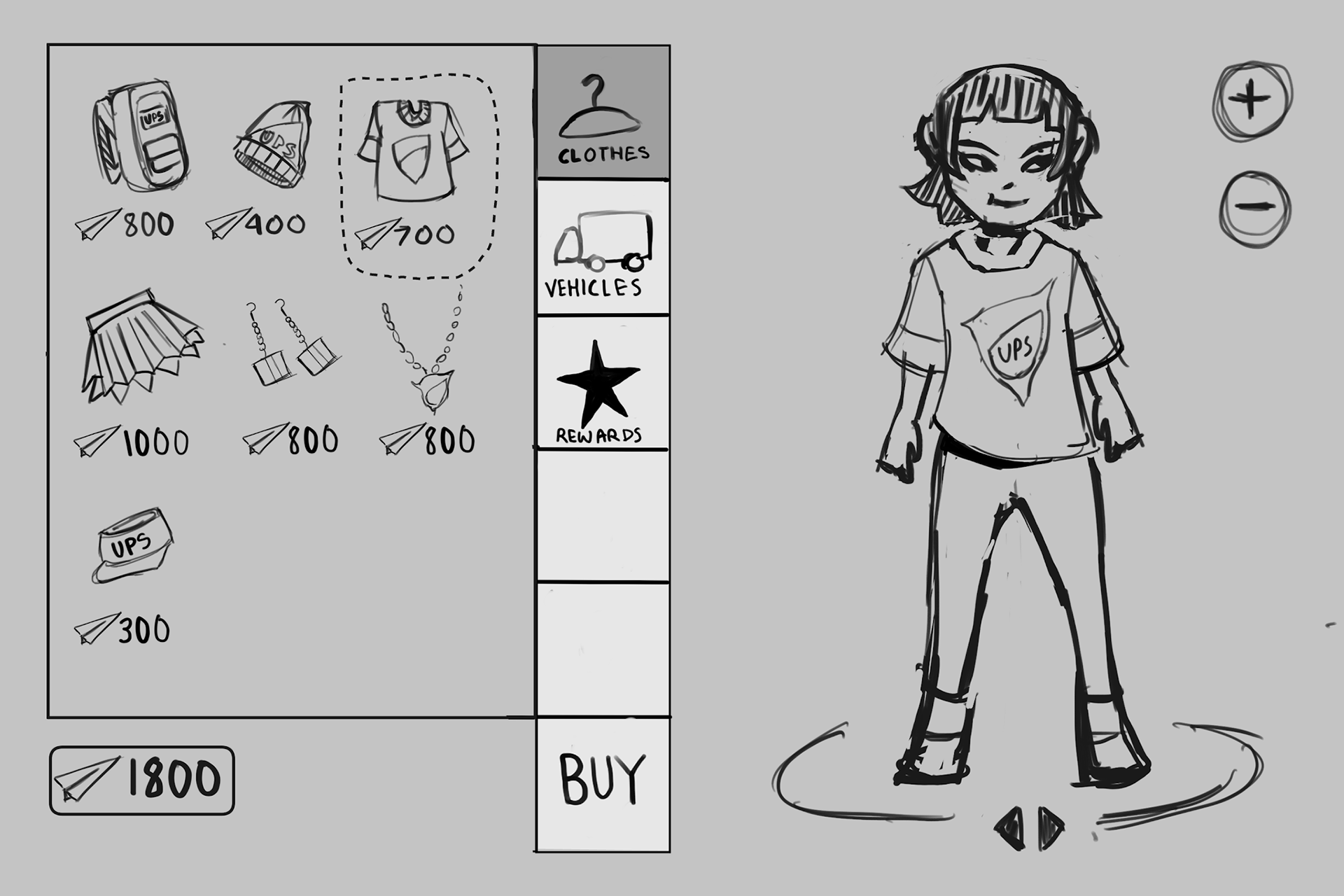 Sketch and wireframe for item shop