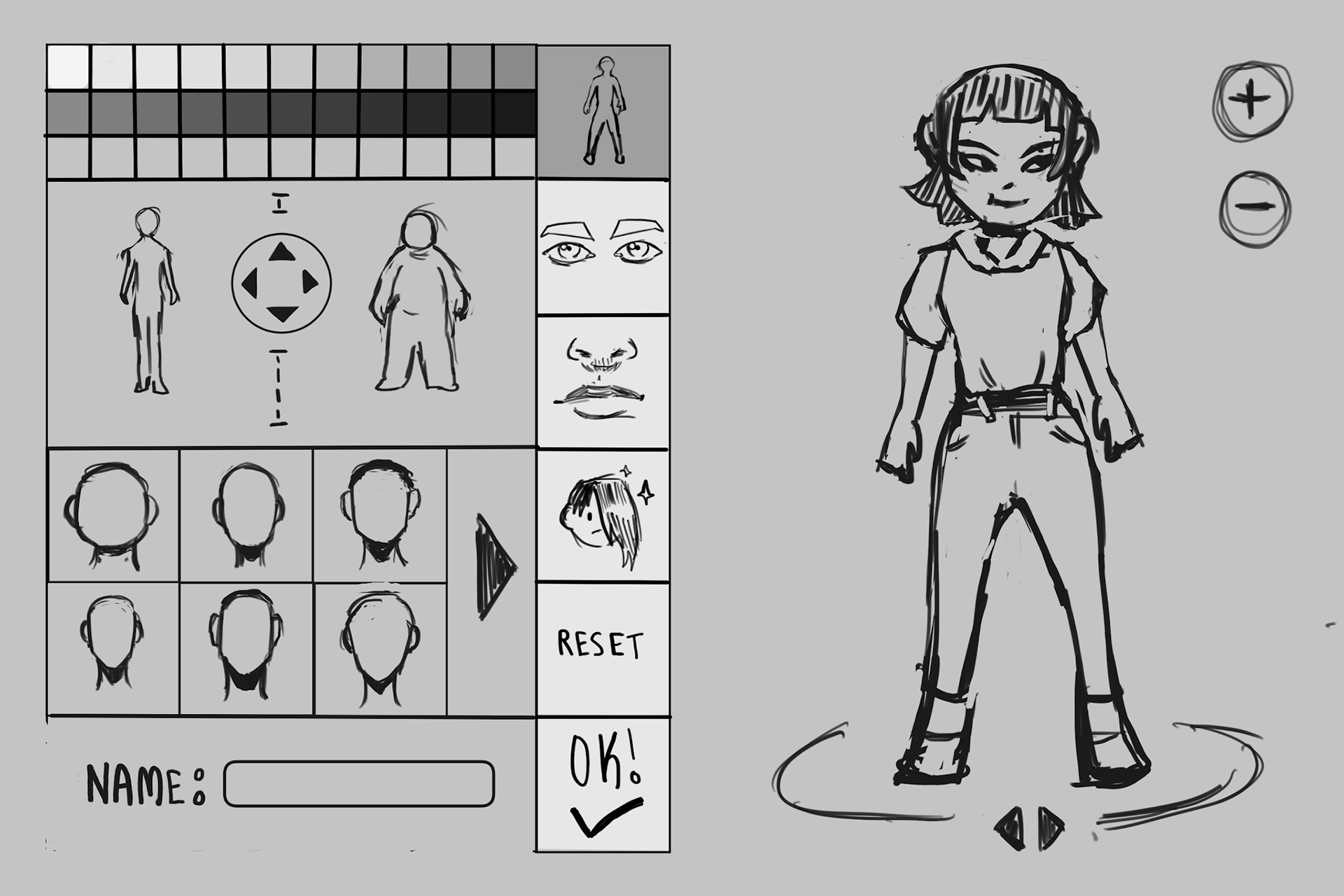 Sketch and wireframe for character customizer