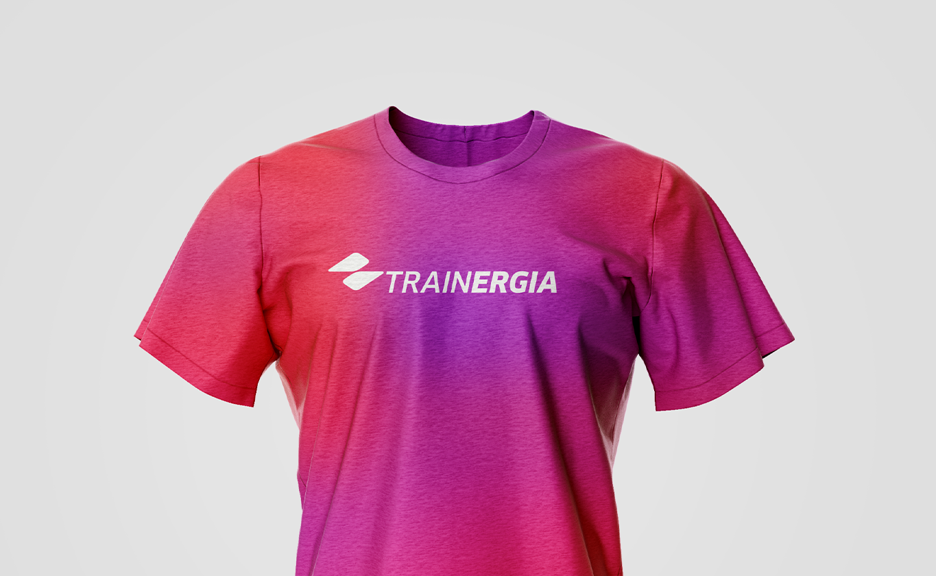 trainergia logo on orange and violet tshit