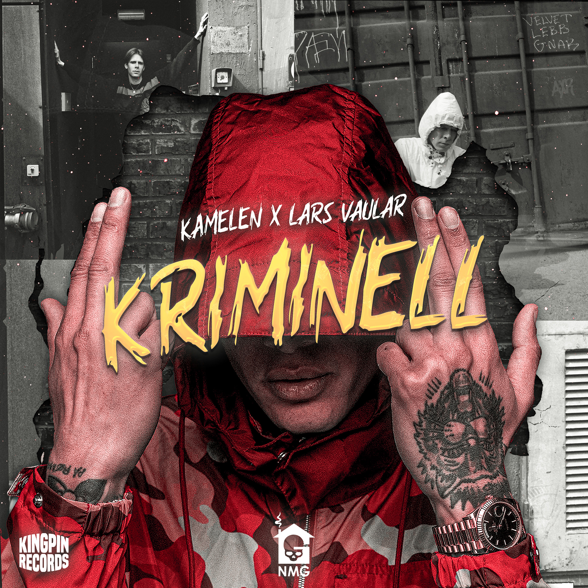 Cover for Kamelen og Lars Vaular sin nye singel  "Kriminell". I samarbeid med NMG/G-Huset og Kingpin Records.