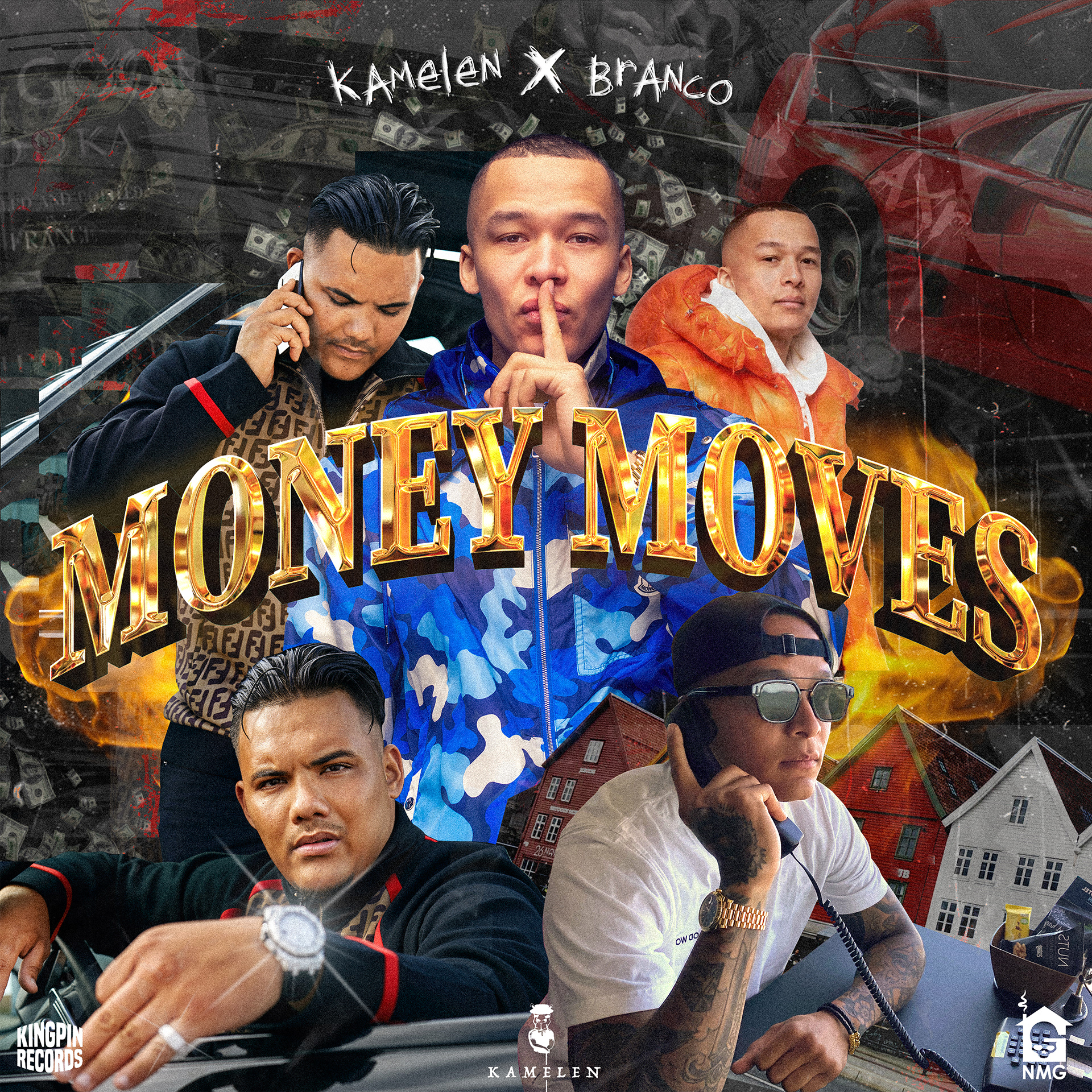 Cover for Kamelen og Branco sin singel "Money Moves". I samarbeid med NMG/G-Huset, Kingpin Records og Sony Music Norway.
