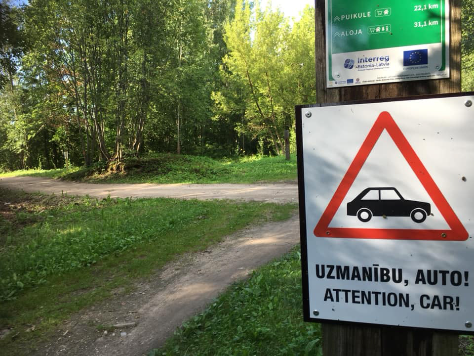 Traffic warning sign on a sleeper near Limbaži