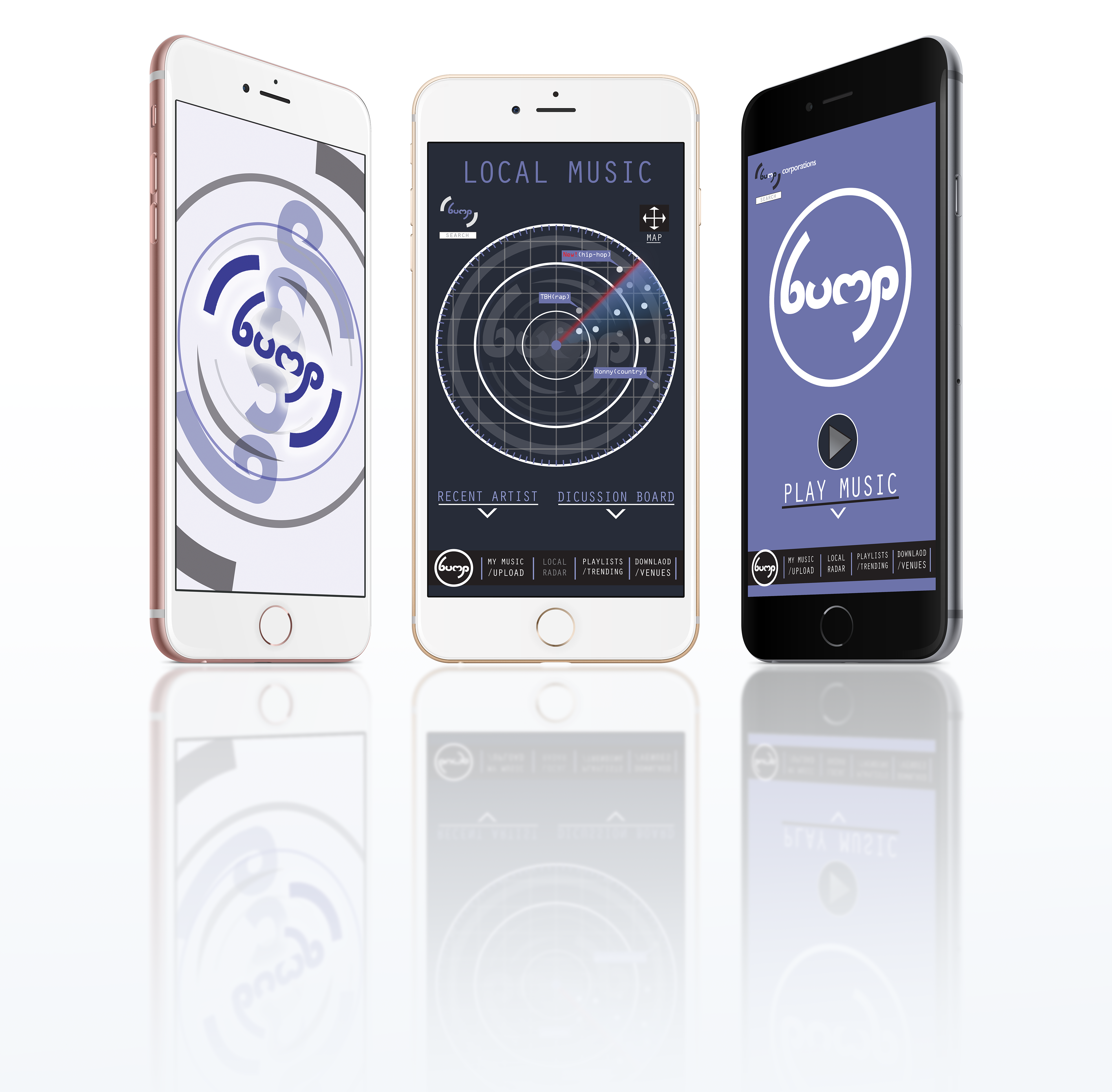 Bump Logo/branding design and UI design for a phone application. (Bump helps find artist of all levels to discover/work with along with venues and more.