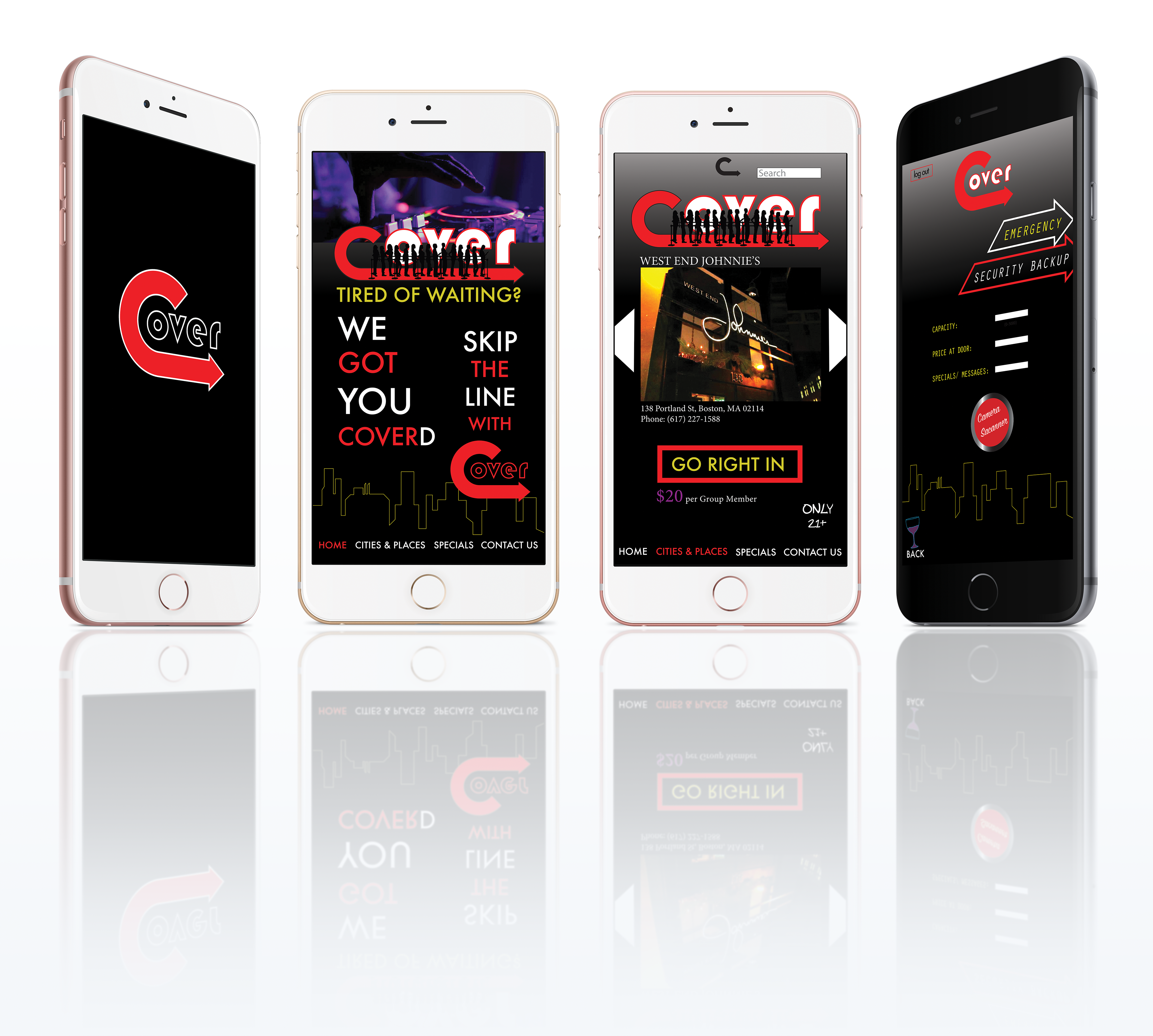 Cover logo design and UI conceptualization. (Cover is an app. that would allow paying customers/celebrities to skip the line & cover at the door of a popular night club)