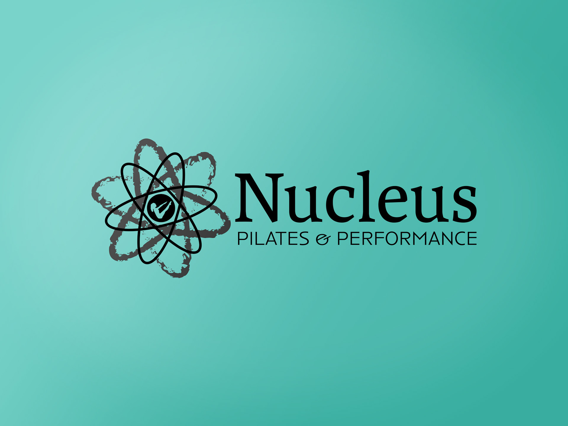 black-only logo for Nucleus Pilates and Performance over a light teal background