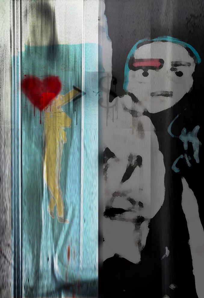 ”Shower Love“ print on canvas overpainted, 2020 100x80cm