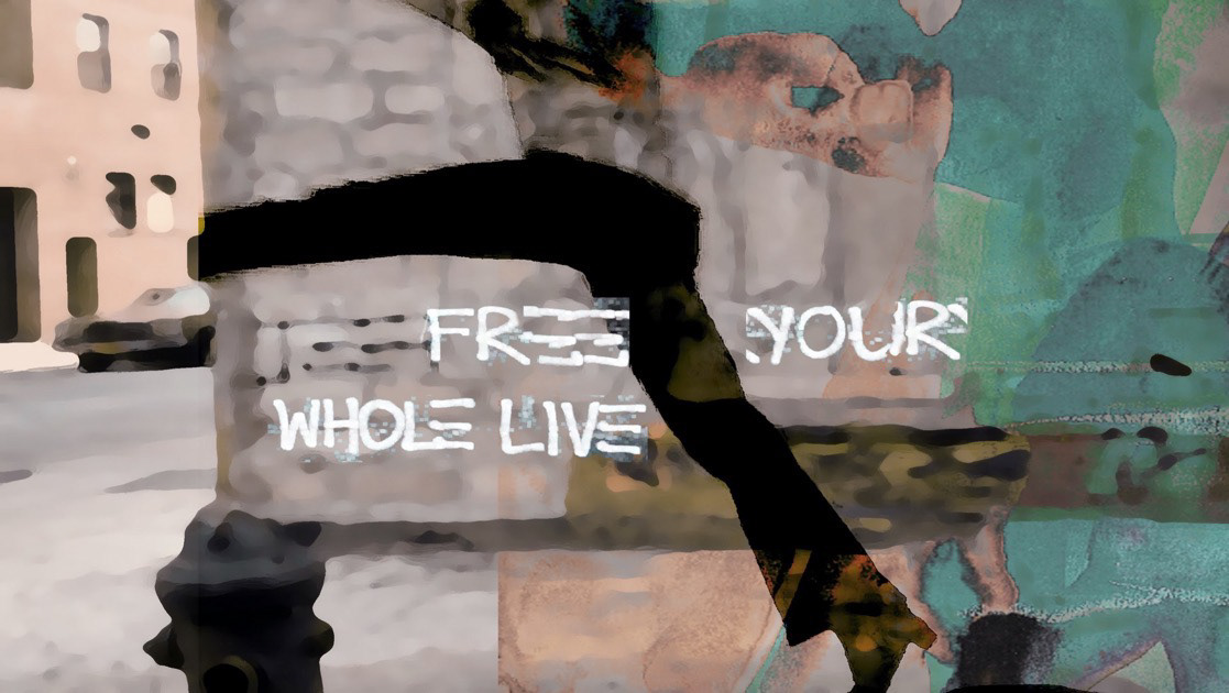 ”FREE DOM...“ print on canvas overpainted, 2020; 6160x120cm