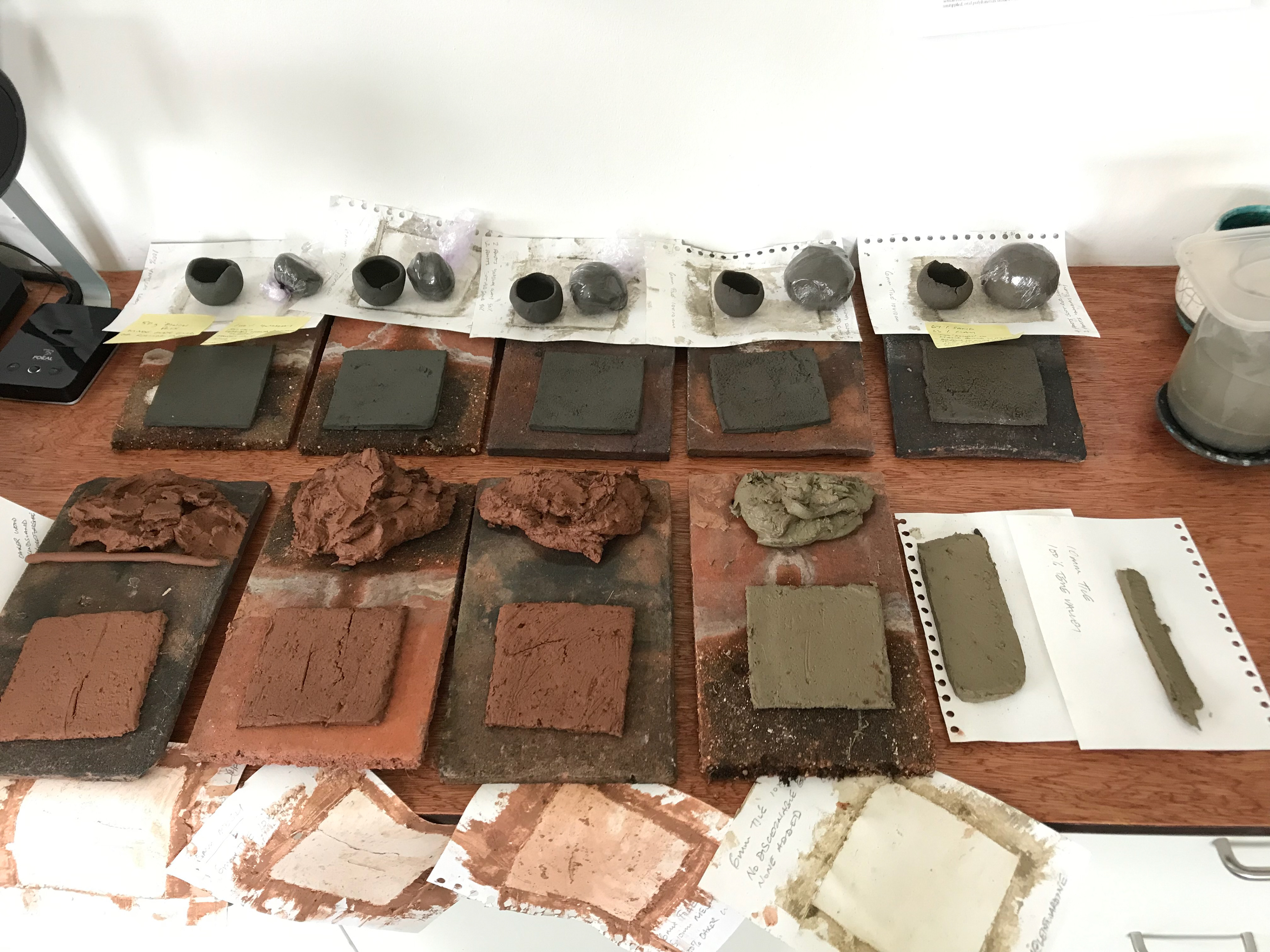 Batches of clay, test tiles and 50g pinch pots