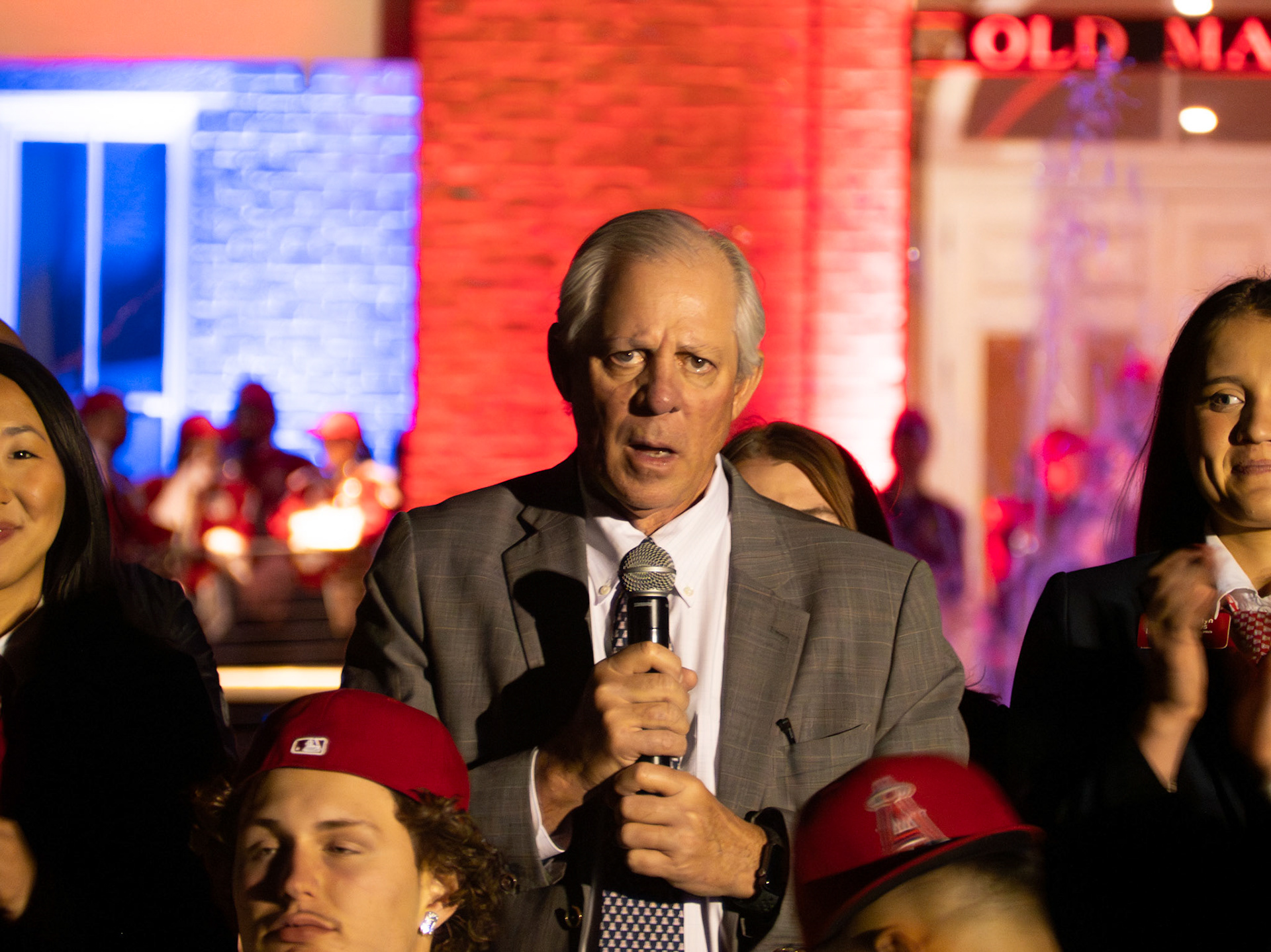 Robert C. Robbins, speaking at the Homecoming Bonfire and Royalty Crowning at 7 p.m. on Nov. 3 on the West side of Old Main. There was a series of speeches before the event talking about the upcoming game and festivities of the evening.
