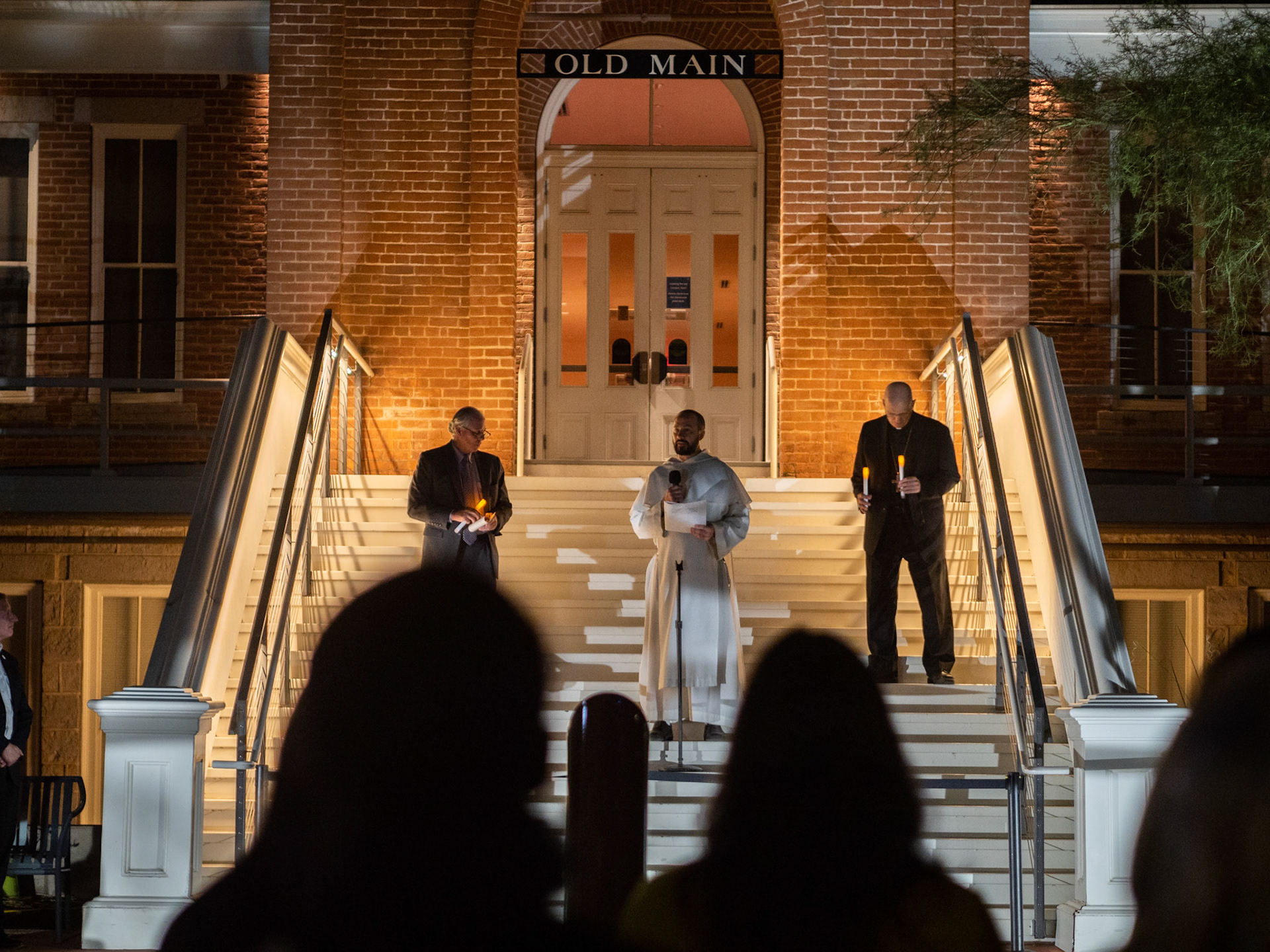 Fr. Emmanuel Taylor giving a speech at the Candlelight Vigil Honoring the Life of Dr. Thomas Meixner on October 7th.  The speech took place at old main on the University of Arizona Campus at the Mall on Old Main.