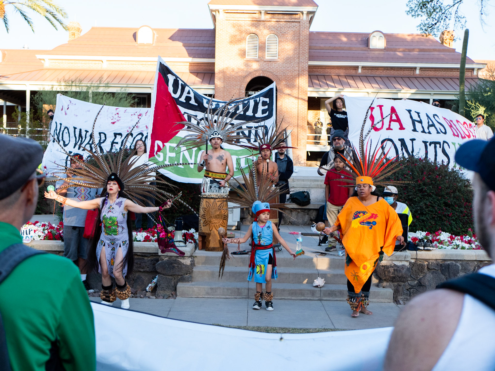Danza Mexica Mexicayotl performing a dance at the Shut It Down For Palestine Global Day of Action on November 9th at the University of Arizona. The Dance was put on at the end of the event.