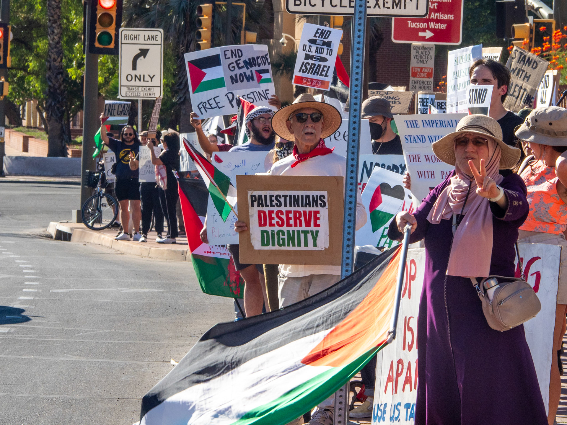 A group of Protesters at the ‘End US Aid to Israel Community Rally’ outside the Federal Building at Downtown Tucson on Oct. 22, 2023. The event included groups like the Tucson Anti War Committee, the Party for Socialism and Liberation, the Arizona Palestine Solidarity Alliance, Students for Justice in Palestine, Riot Collective and Tucson FRSO.