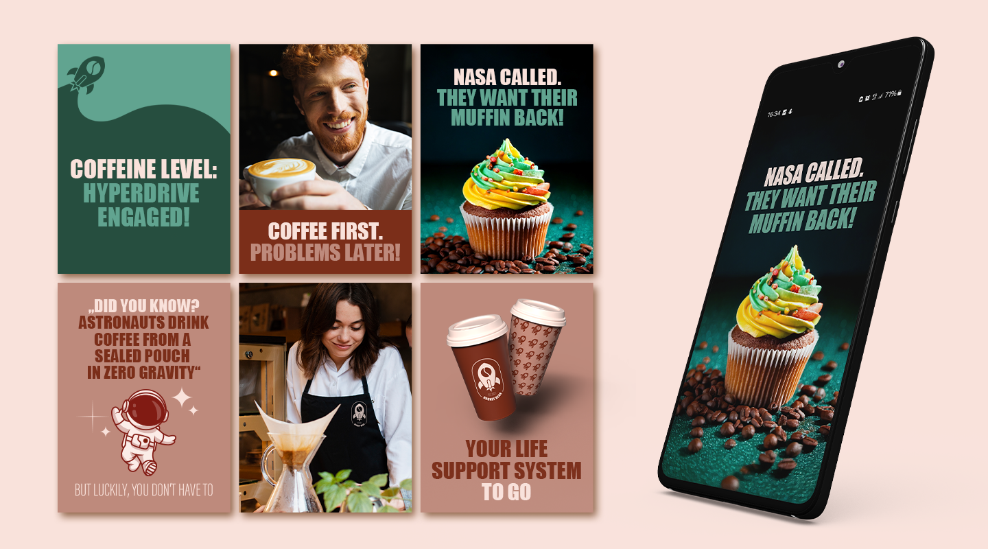 Bold design of social media feed for Rocket Bean with cathy headlines, mood images and product photography