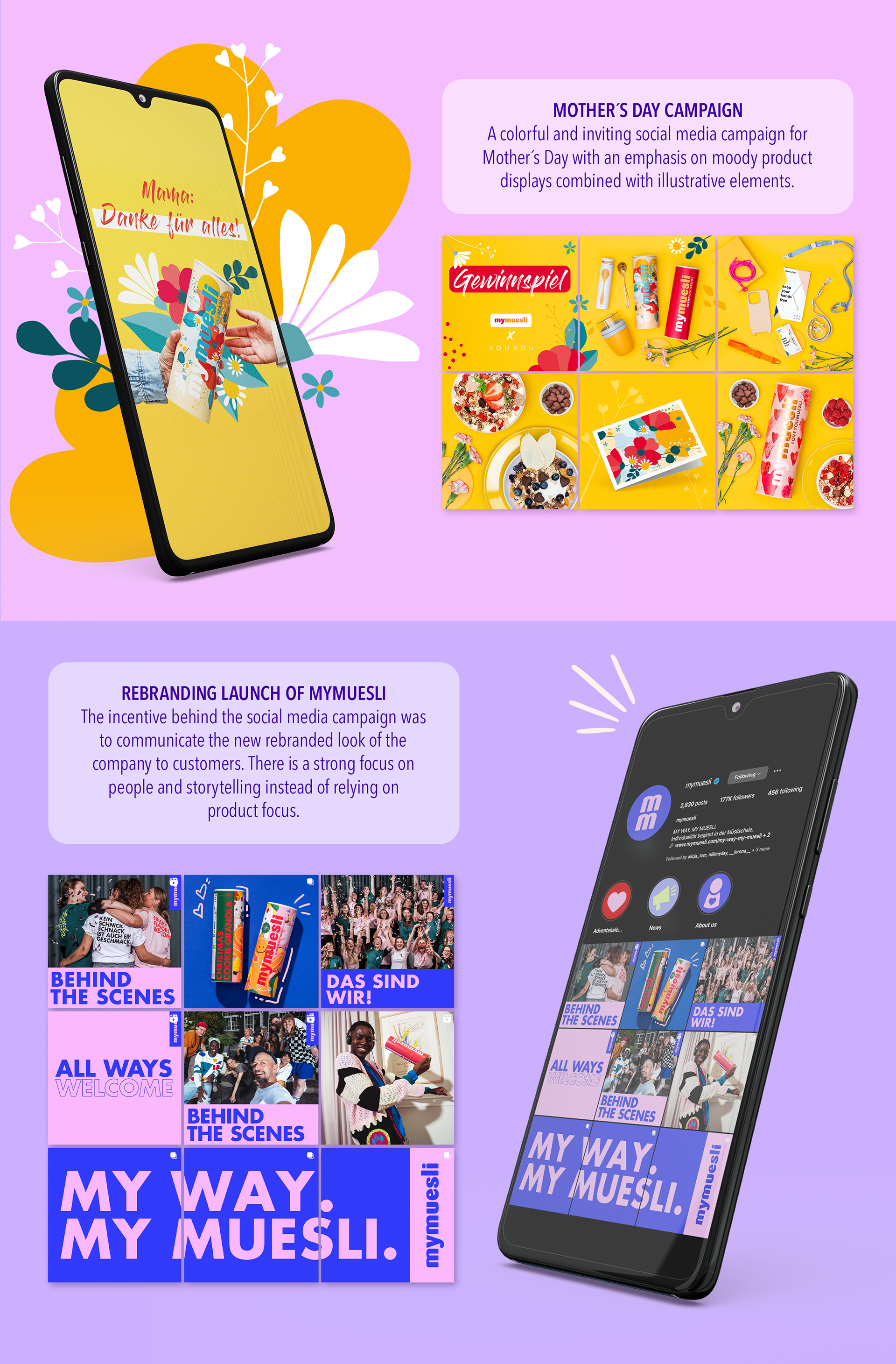 Design of social media campaigns for mymuesli with colorful product images, mockups and bold headlines