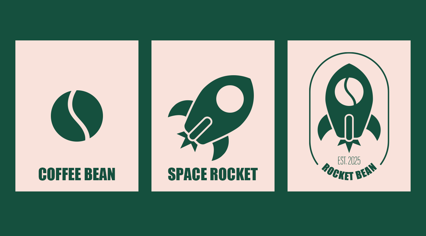 Rocket Bean logo construction grid showing development of the rocket icon and bold type-based logotype.