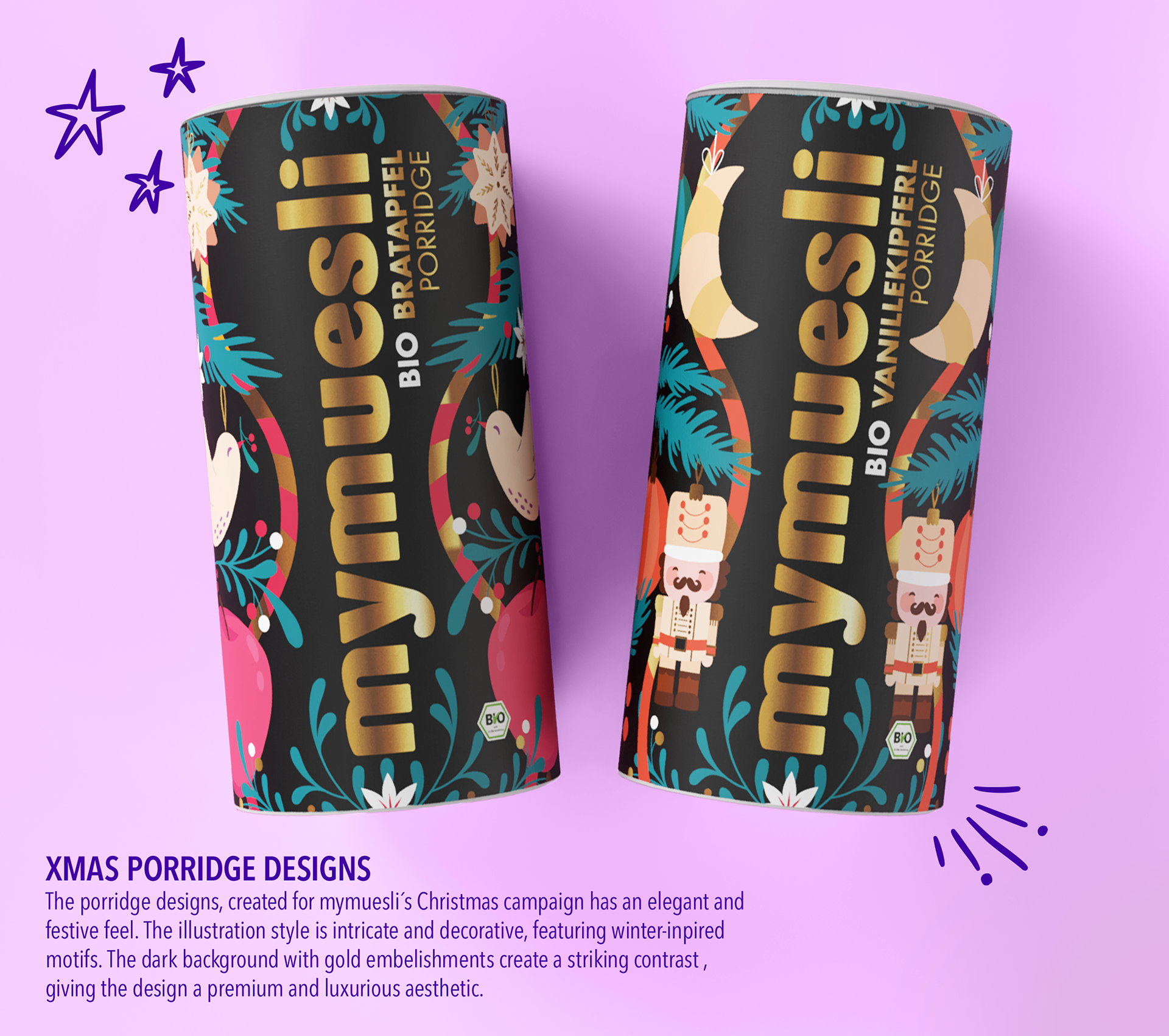 Christmas black and gold porridge tube packaging with hand-drawn illustrations and gold logo