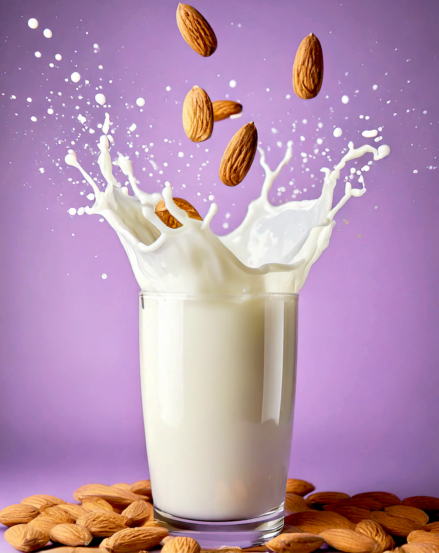 Almod milk alternative poured into a glass on a pastel violet background with milk splashes and falling almonds