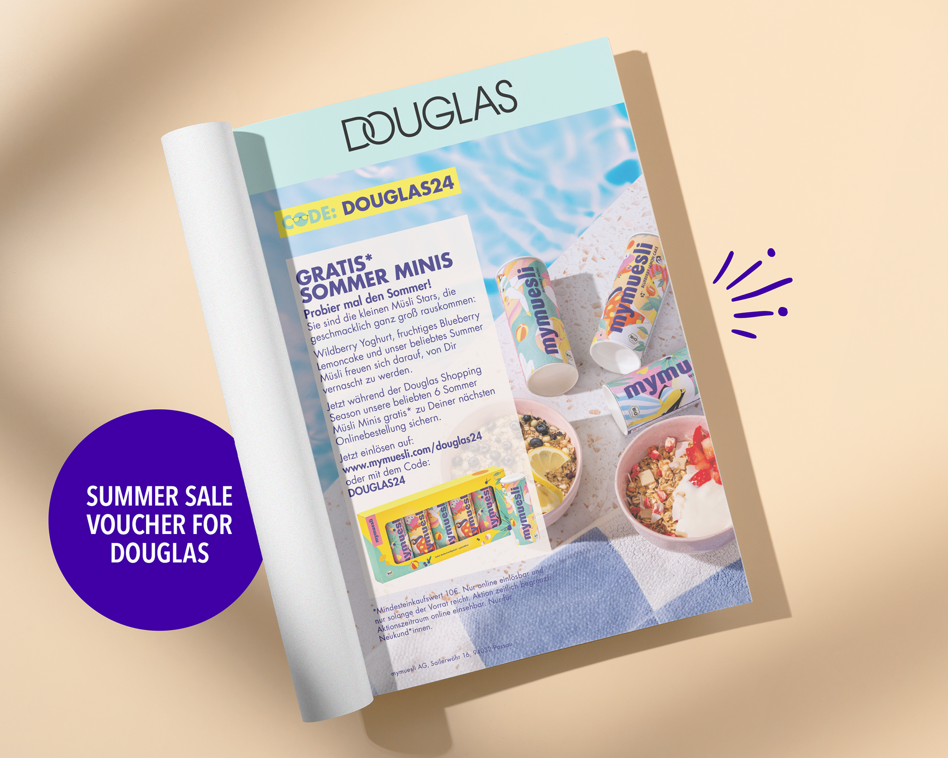 Printed ad in magazine with müsli products and bold typography