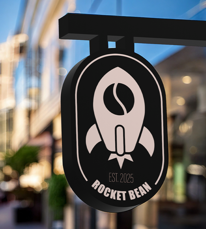 Rocket Bean coffee logo displayed on outdoor coffee shop sign