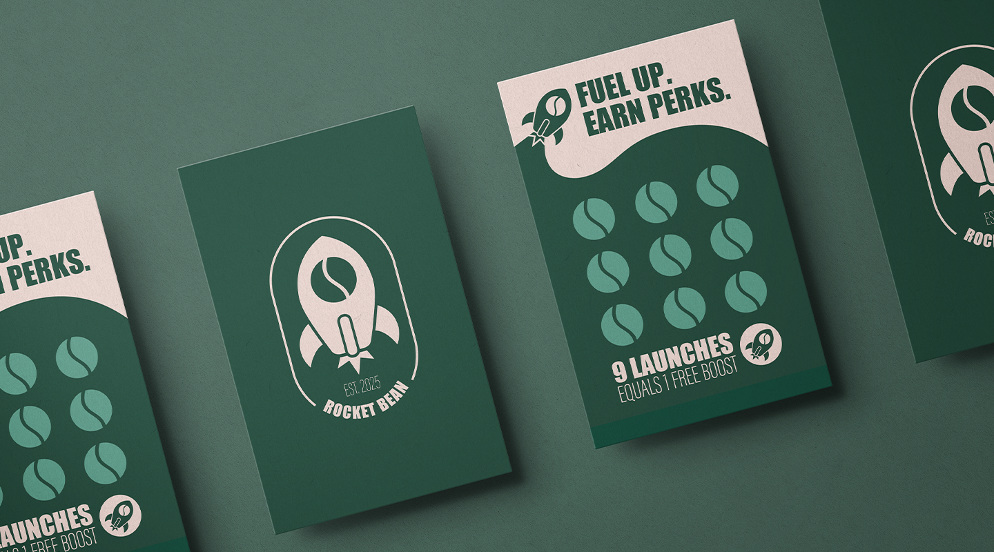 Bold design of loatly cards for Rocket Bean with logo and bold typography
