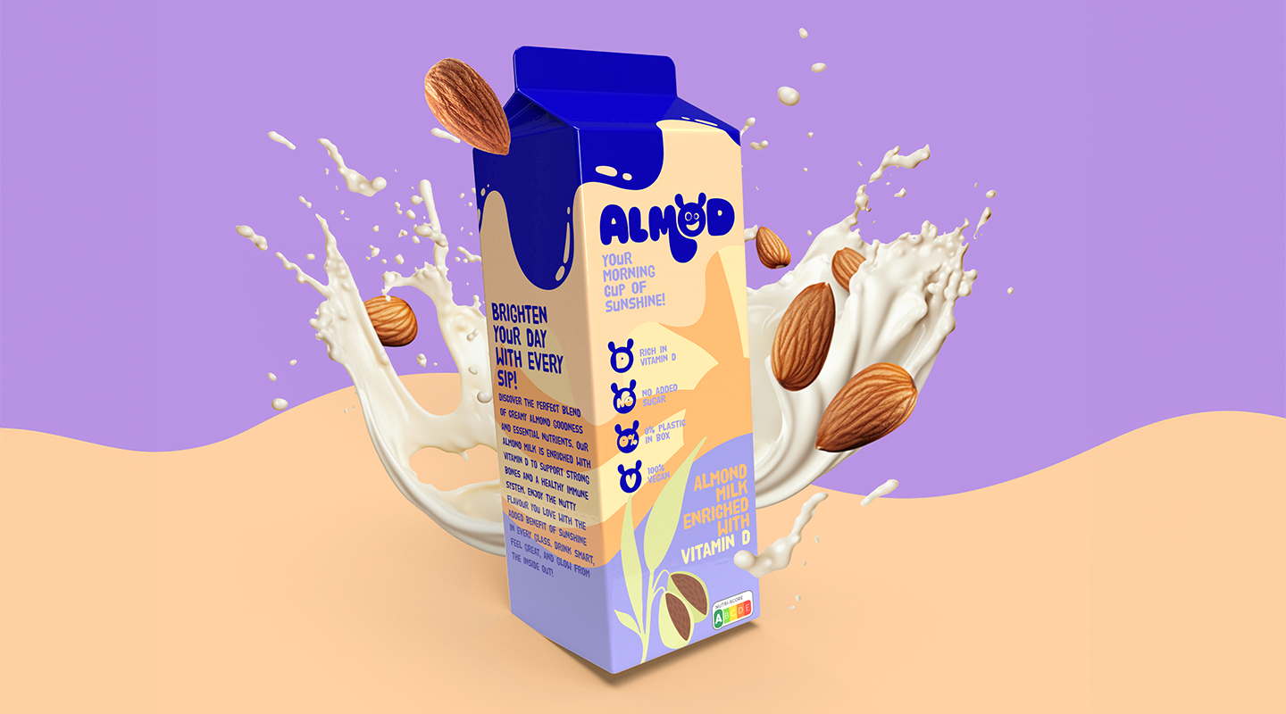 Close-up of Almod milk alternative carton showcasing elegant typography, nutritional icons, and soft color scheme.