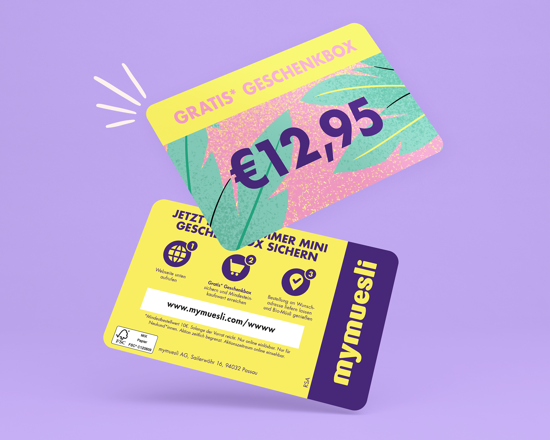 Colorful voucher card design with bold typography and illustrations