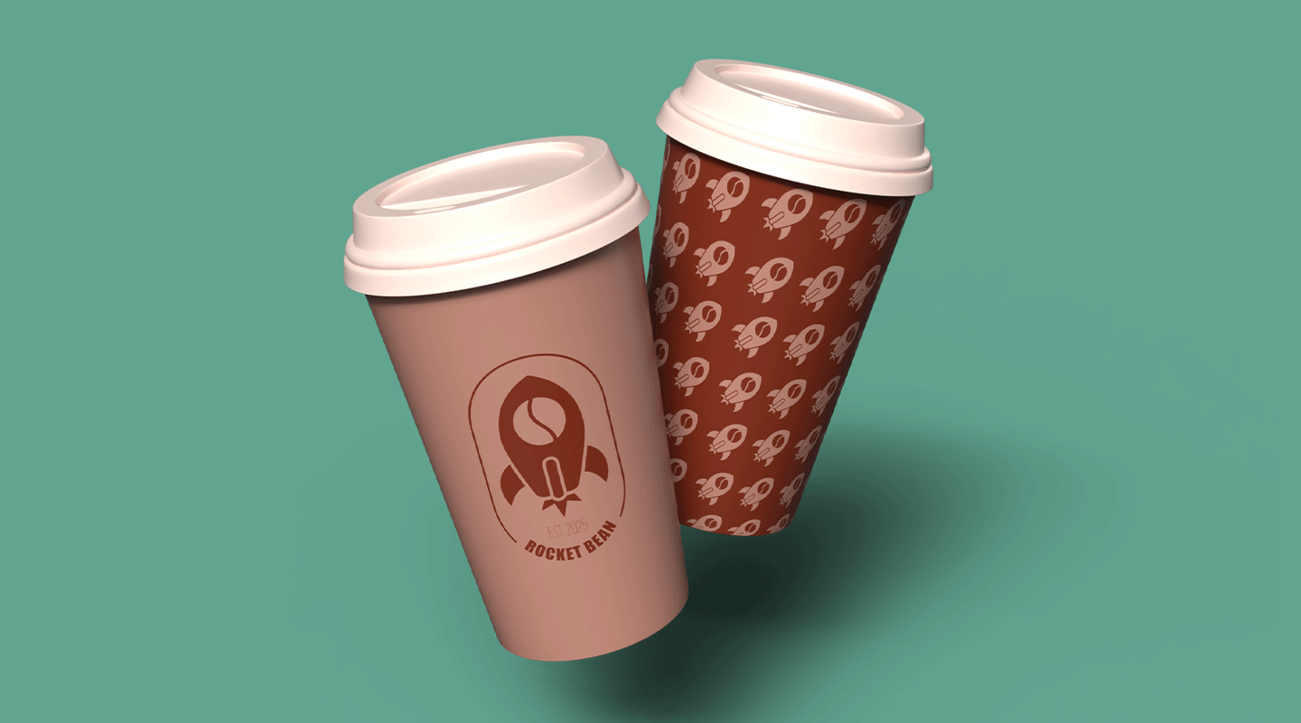 Rocket Bean coffee 2go cups packaging design with bold colors, logo and patterns