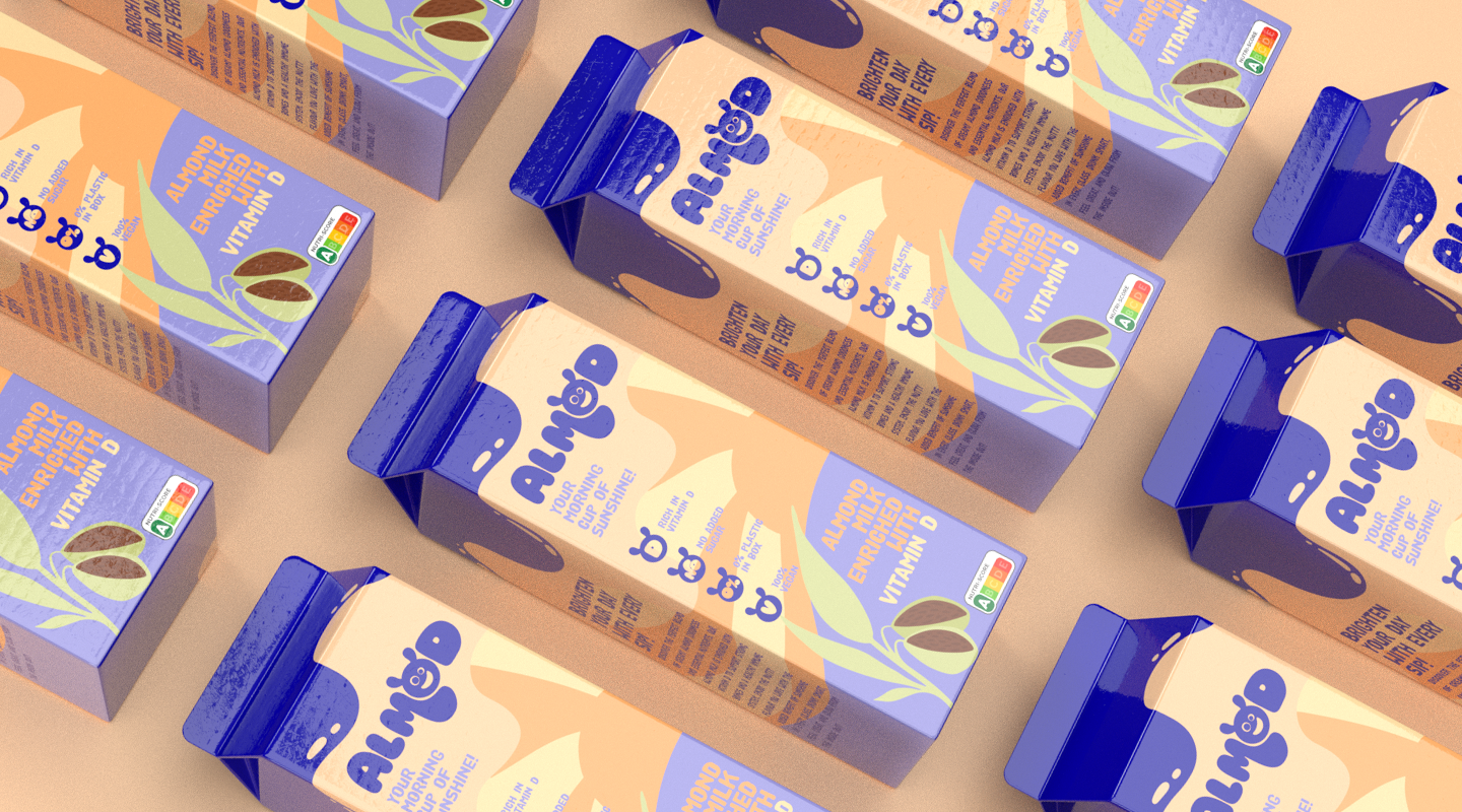 Lineup of Almod milk alternative cartons with minimal packaging design and vitamin D benefits highlighted.