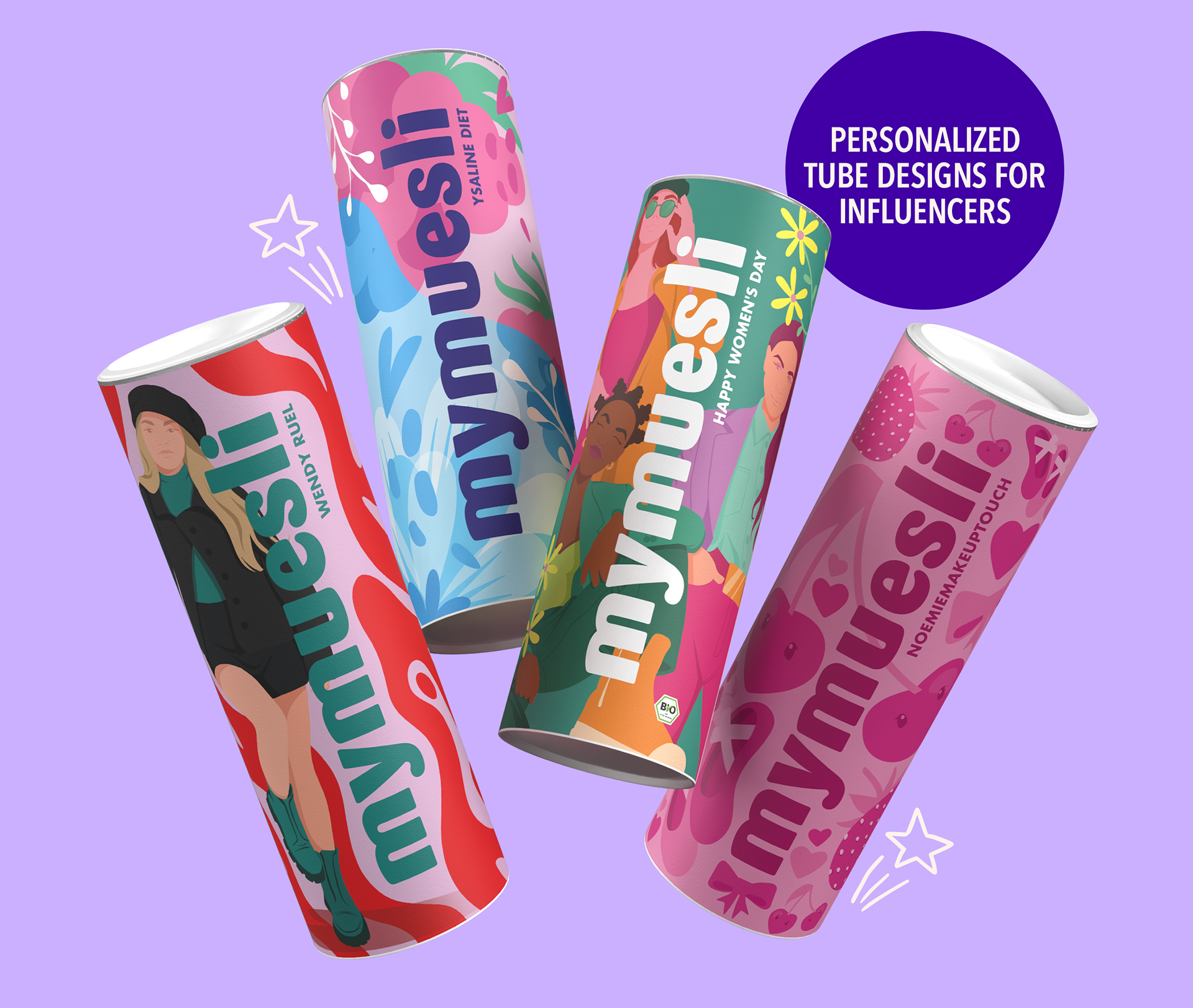 Colorful müsli tube package designs with personalized hand-drawn illustrations for influencers