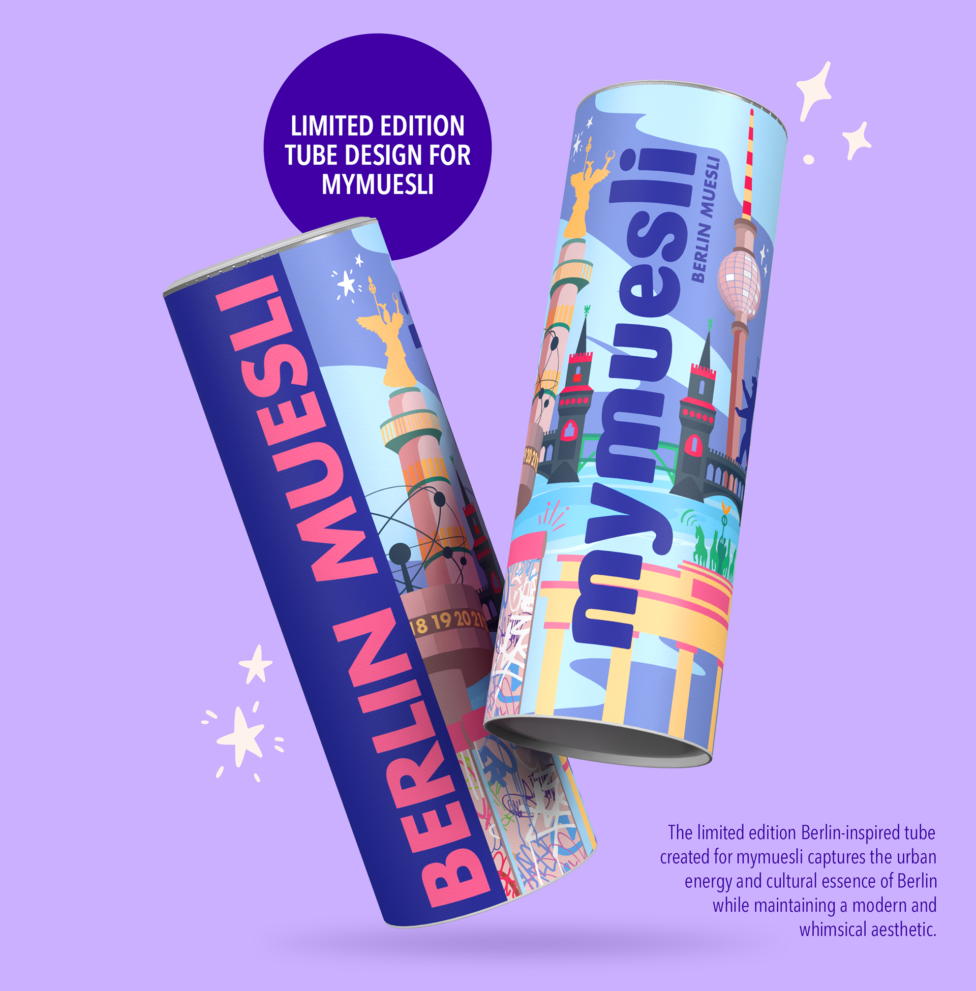 Colorful berlin müsli tube packaging with hand-drawn illustrations and bold logo