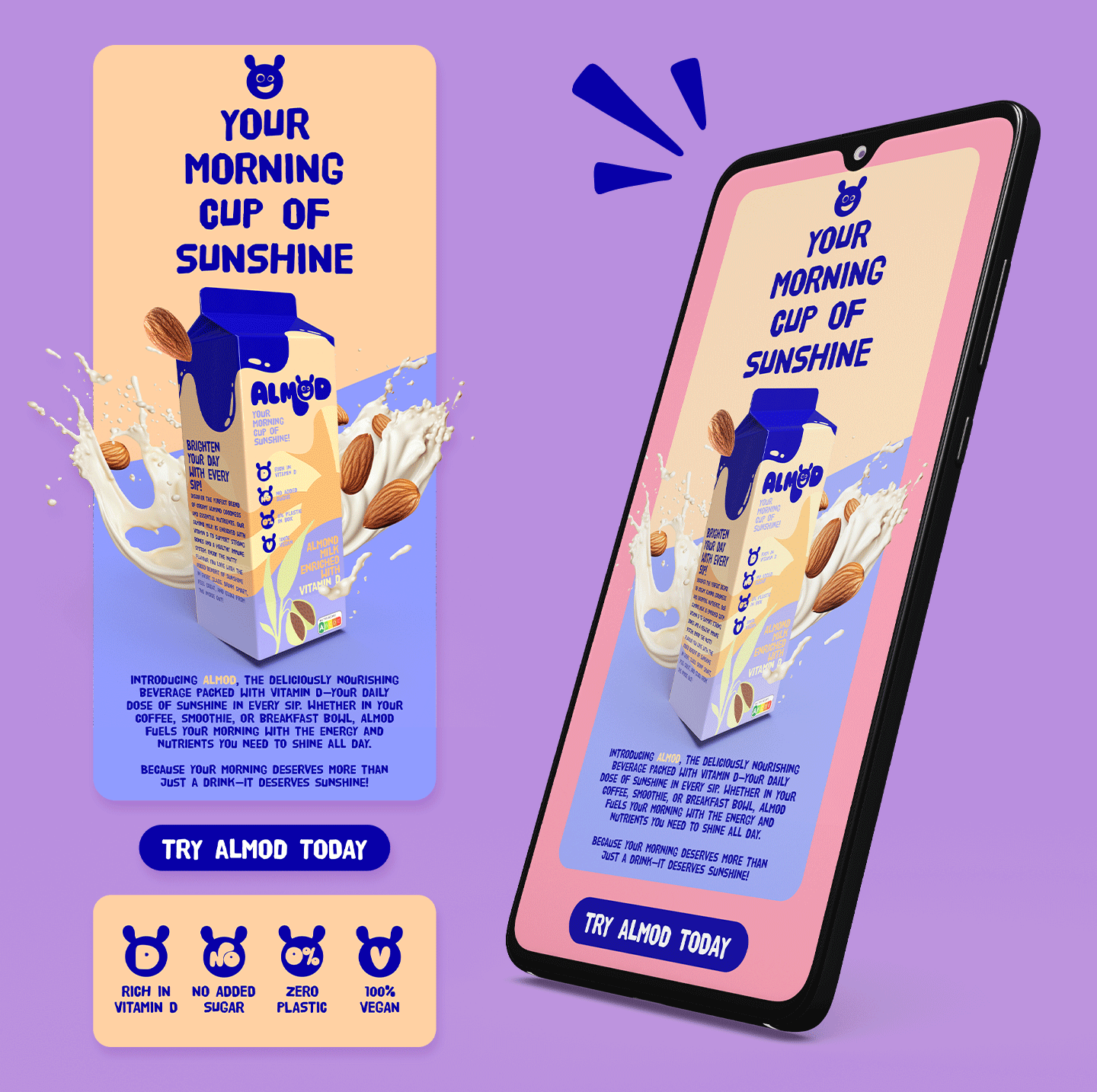 Newsletter design for AlmoD almond milk alternative with bold typography and milk carton with milk splashes and almonds