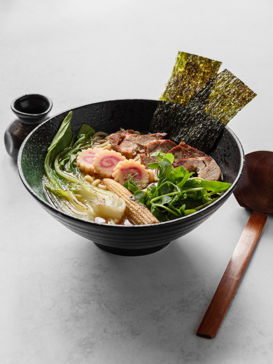 A restaurant photography image of a ramen made with pork, noodles and pok choi, as part of a restaurant menu photography project for a Japanese restaurant in Stratford upon Avon. Shot by Ioana Ursu - restaurant photographer based in Warwickshire.