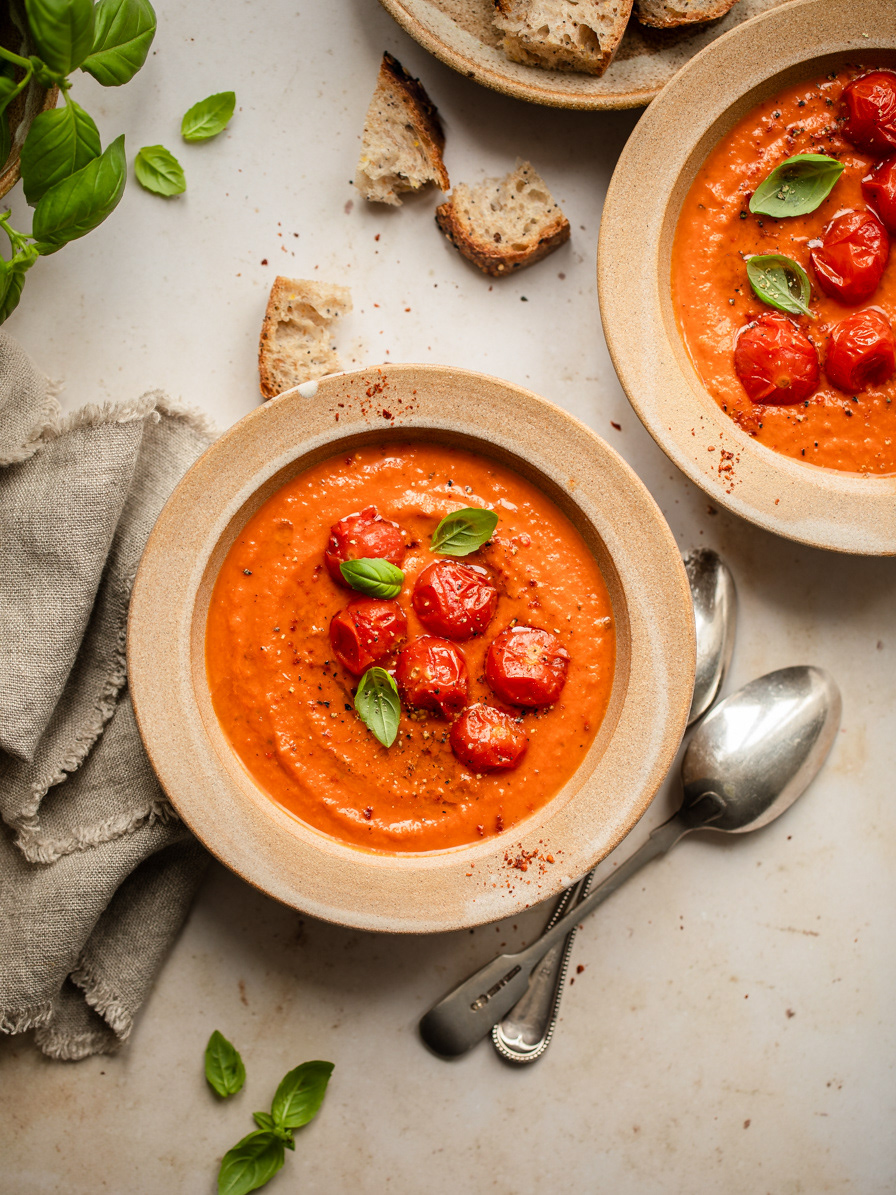 Food Photography Image of Tomato Soup served in two bowls, topped with roasted cherry tomatoes and basil and served with sourdough bread made by Ioana Ursu - food photographer in Warwickshire, UK.