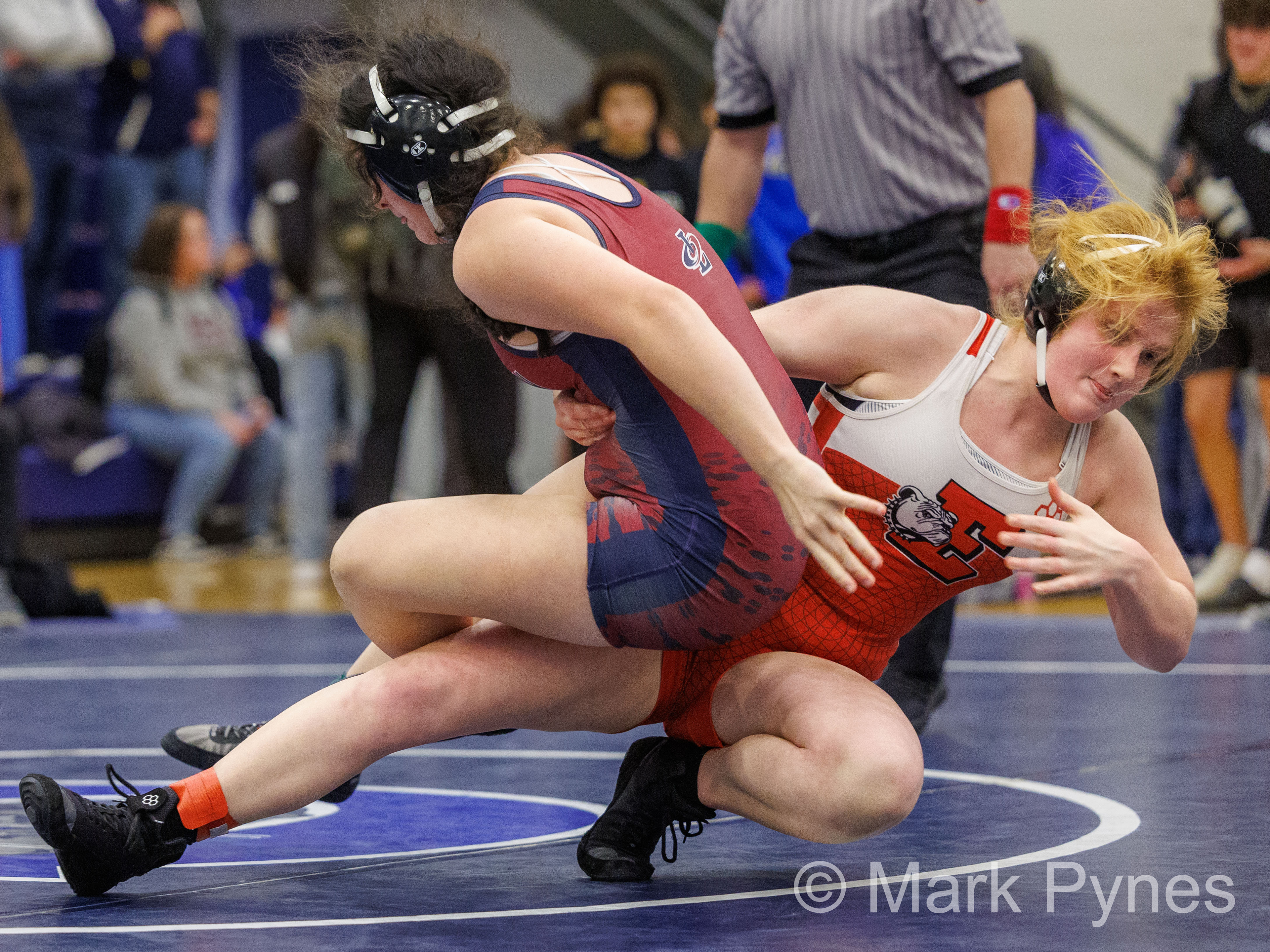 Gracie Haflich (Bethlehem Liberty), left, pinned Maura Case (Easton), in 3:11, despite being thrown in the 170-pound final at the South East Regional girls high school wrestling championship finals in Quakertown, Pa., Feb. 25, 2024.