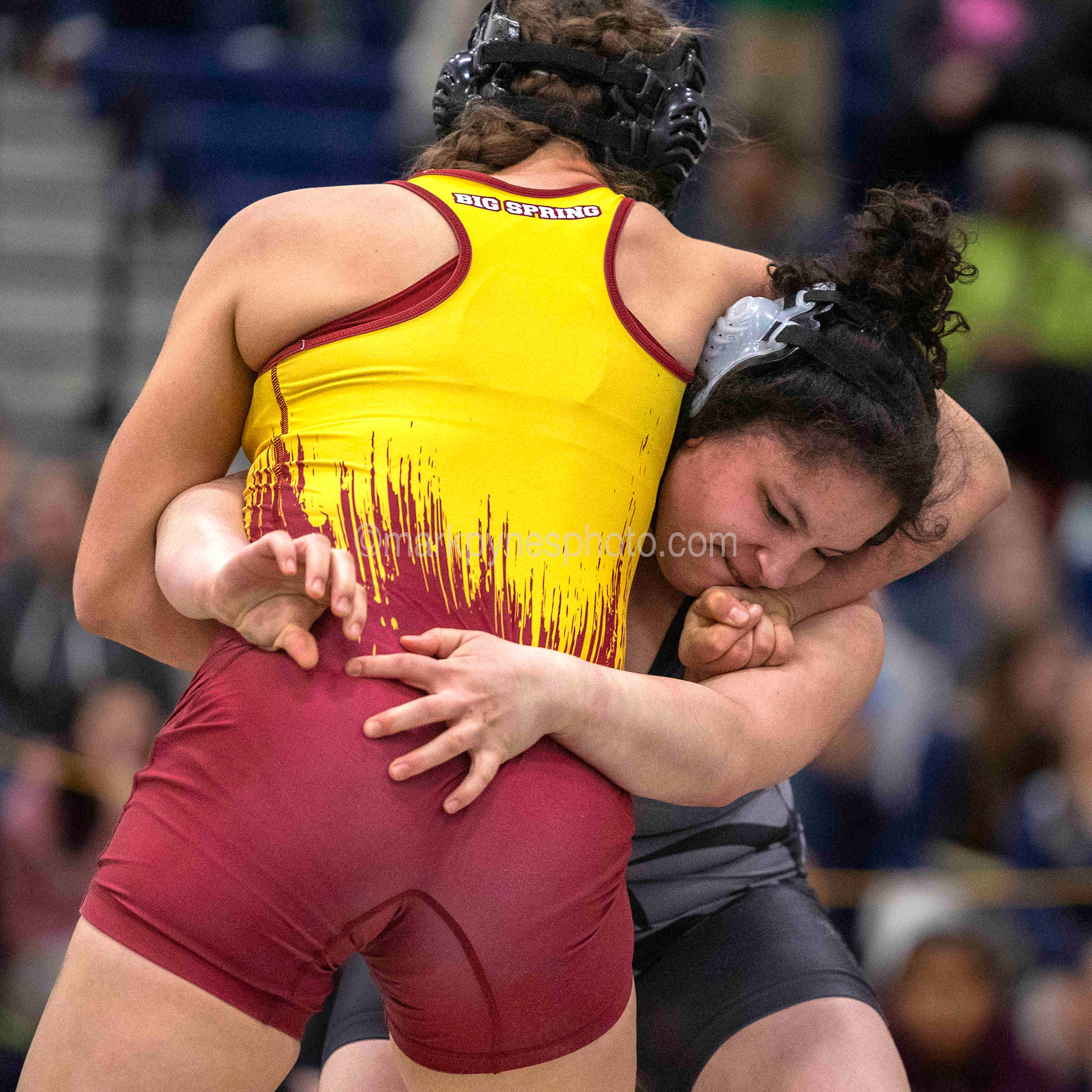 Katalyna Borreli, Tulpehocken, drives in on Lillian Raudabaugh, Big Spring, on the way to a pin at 1:58, in the 148-pound final.