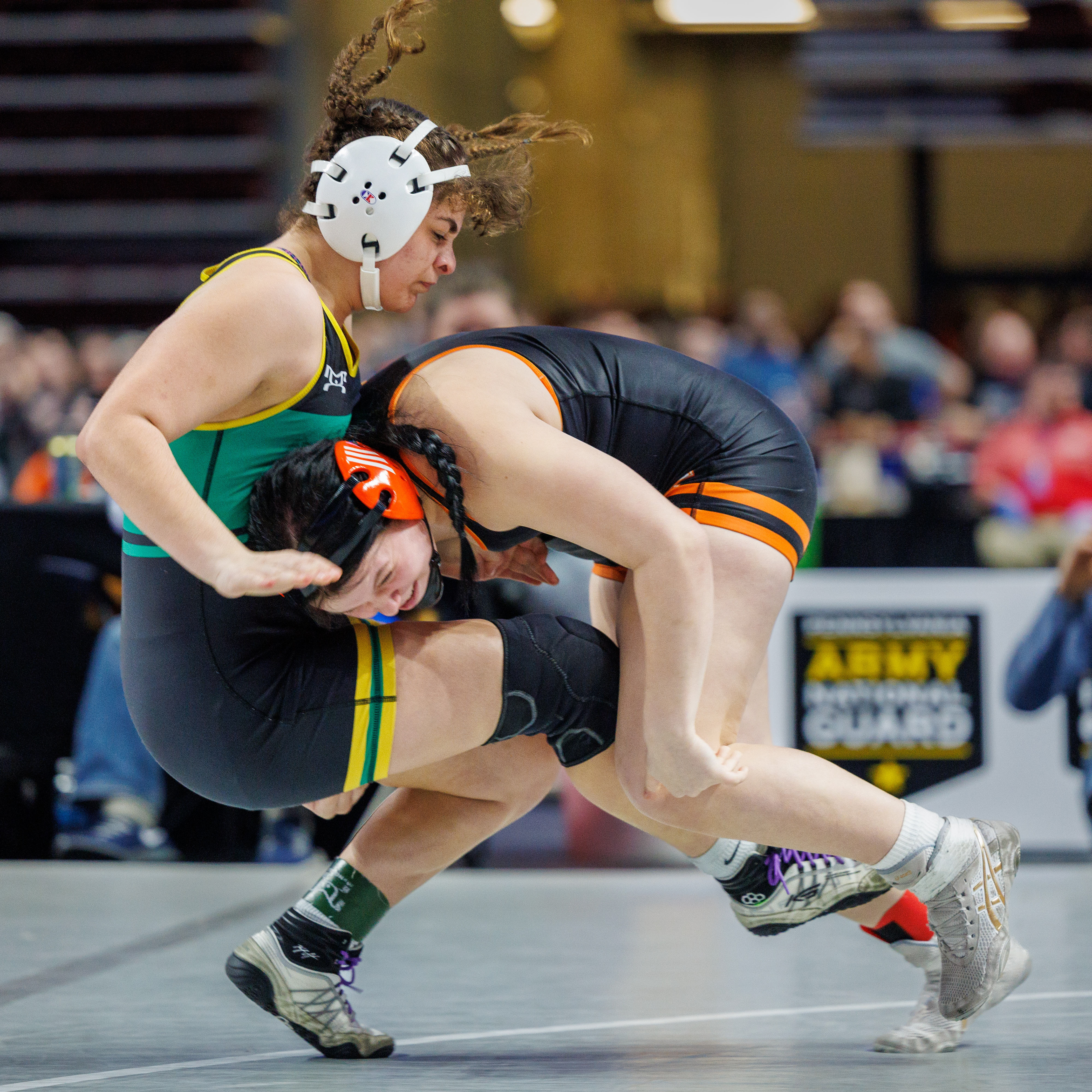 Mylea Lambert (Northampton), right, pinned Ysabella Patti (Central Dauphin), 1:54, in a 155-pound bout in the opening round of the PIAA Girls Wrestling State Championships at the Giant Center in Hershey, Pa., Mar. 7, 2024.