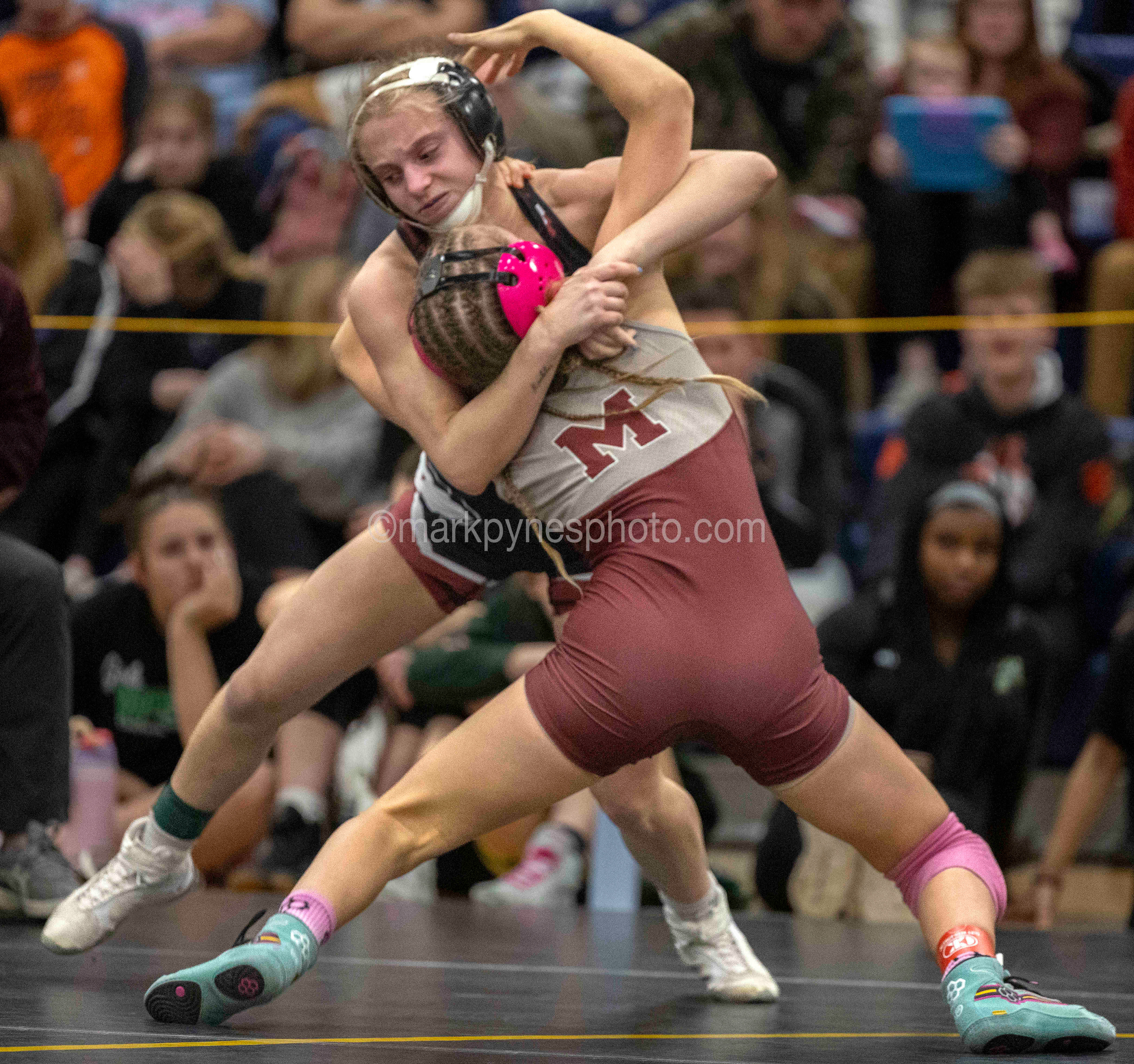 Taylor Keckler, Gettysburg, wrestles Alexis Pancoast, Mechanicsburg, in the 106-pound final, before getting pinned at 5:12.