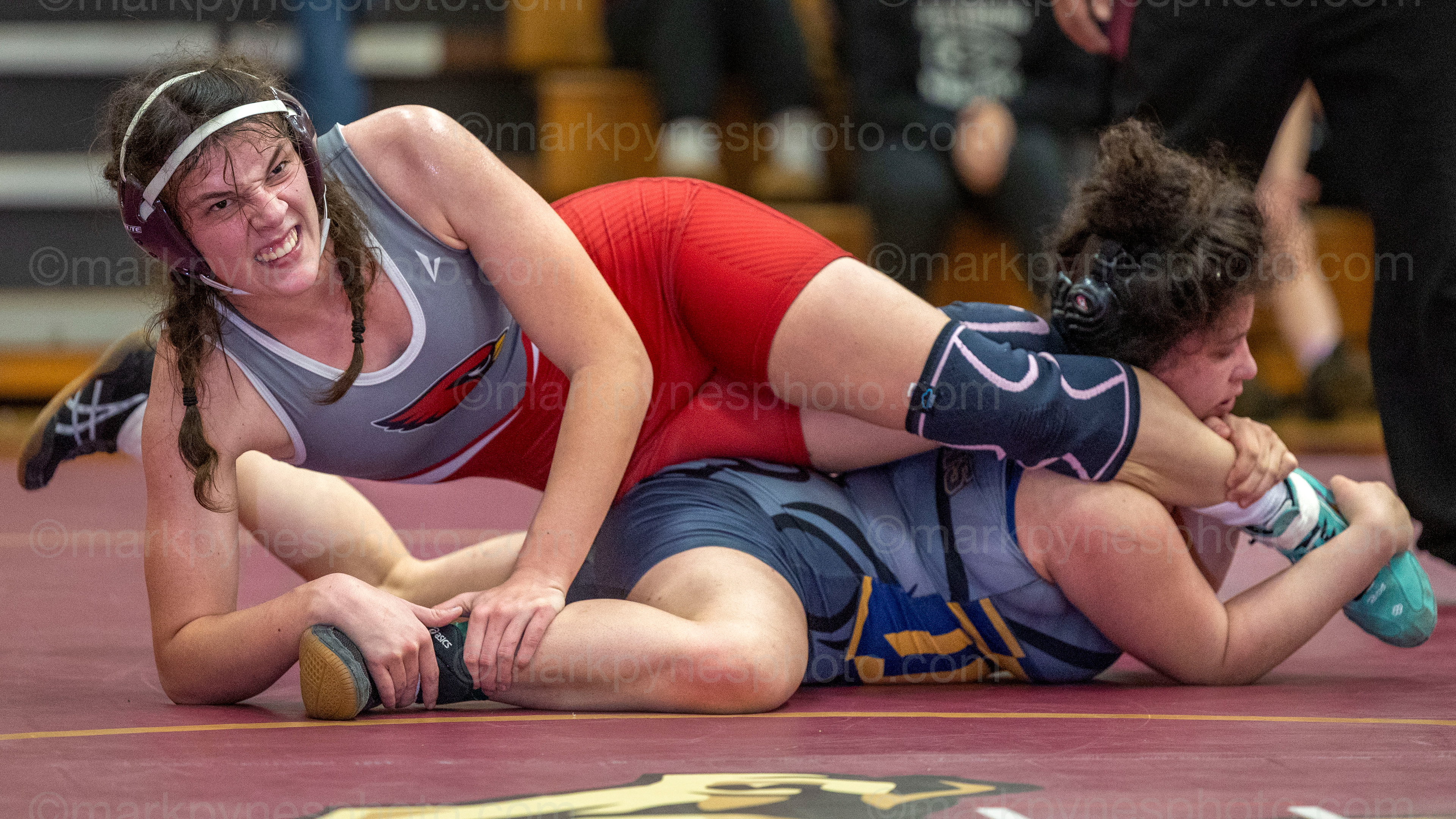 Eve Kurtz, Pine Grove, and Tulpehocken’s Katalyna Borreli, wrestle to a stalemate during the 148-pound final at the Governor Mifflin Girls Wrestling tournament at Shillington, Pa., Dec. 28, 2024. Kurtz won by decision, 3-1.