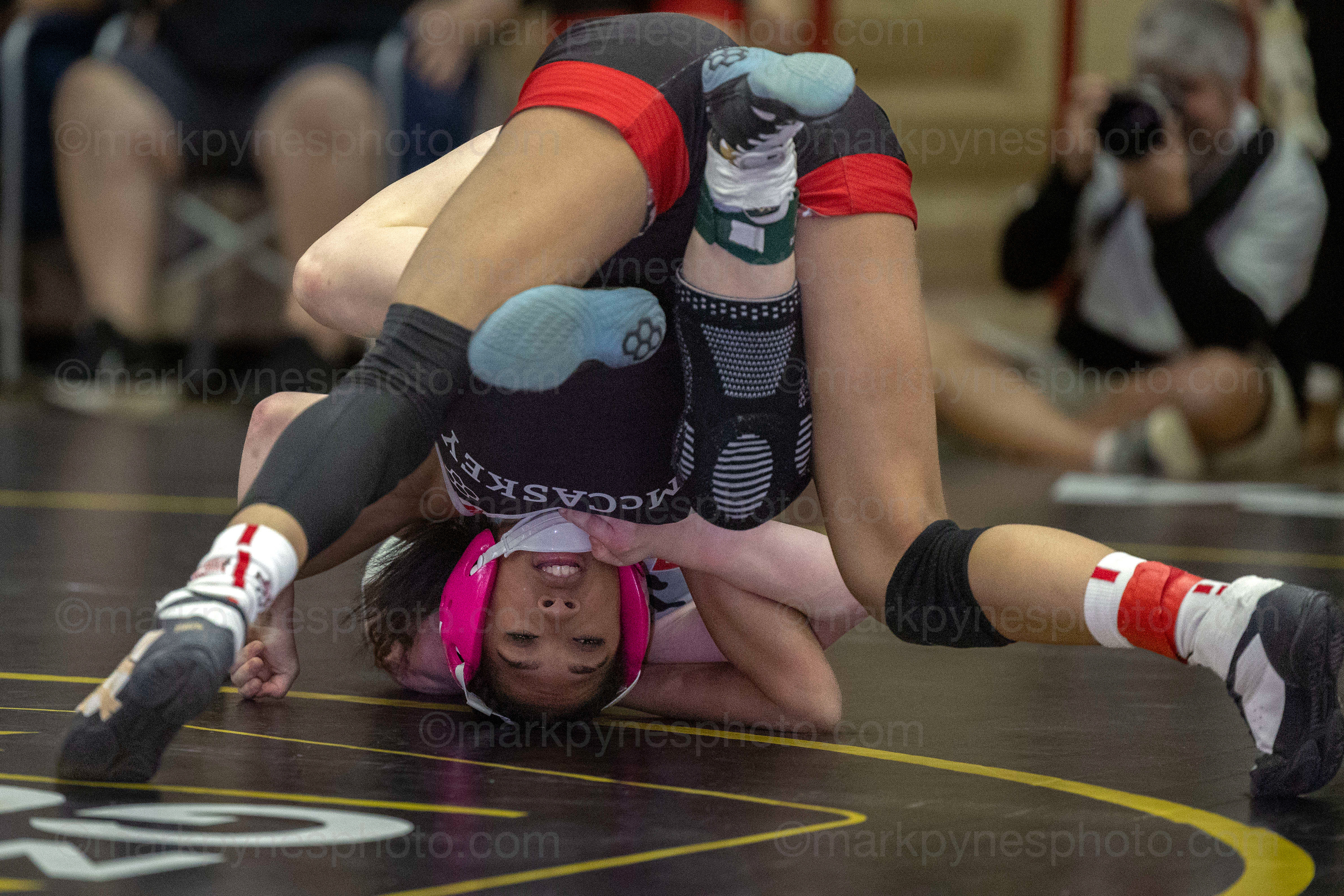 Lillian Seagreaves, Cumberland Valley, rides J.P. McCaskey’s Nasly Rijo on the way to a 1:15 pin in the 106-pound match.