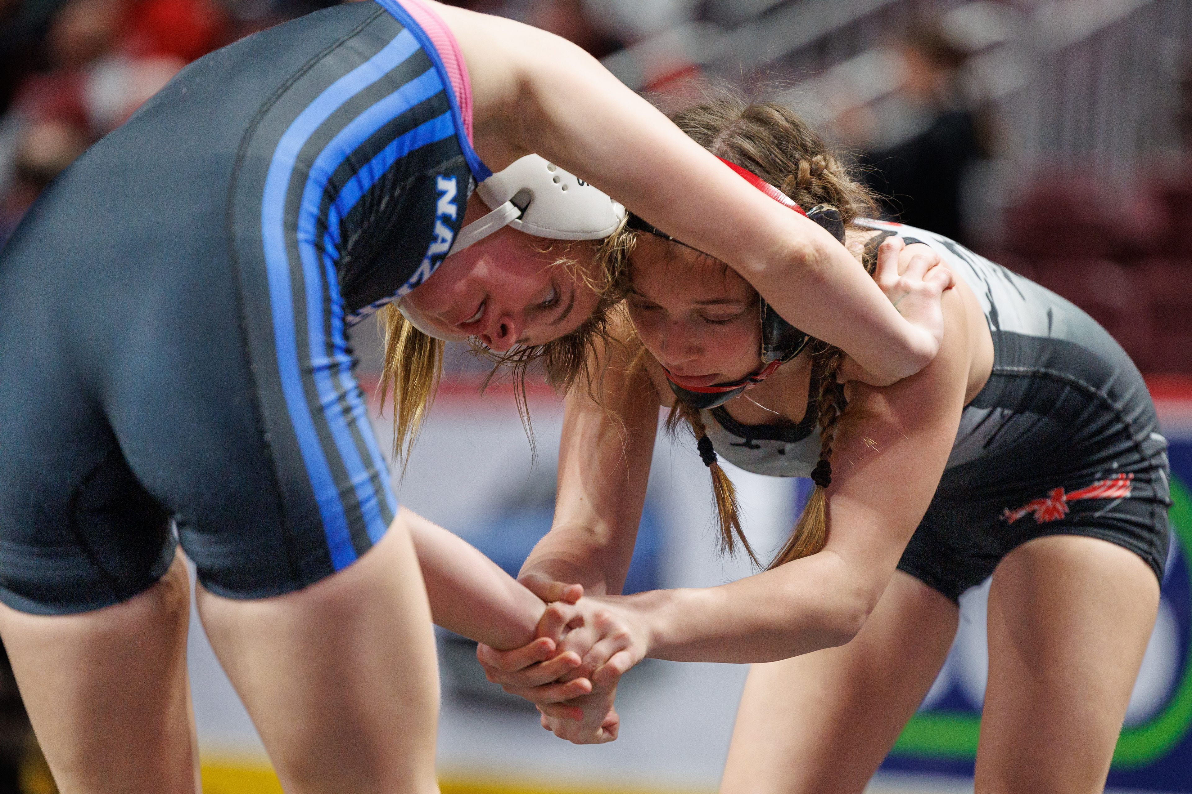 Jocelyn Fishel, Cumberland Valley, decisions Nazareth’s Chelsea Dressler, 6-2, in a 100-pound opening round match at the PIAA Girls Wrestling State Championships at the Giant Center in Hershey, Pa., Mar. 7, 2024.